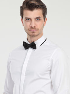 Beyaz Düz Slim Fit Duble Manşet Klasik Yaka Smokin Gömlek