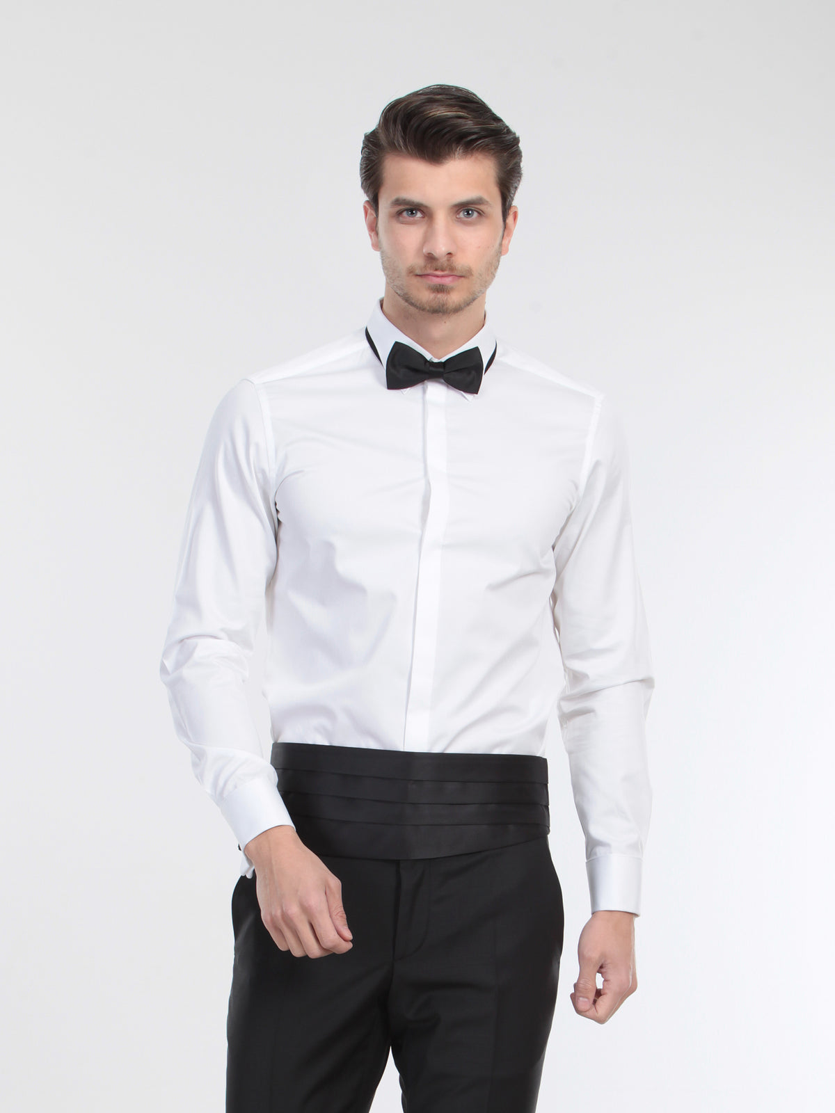 Beyaz Düz Slim Fit Duble Manşet Klasik Yaka Smokin Gömlek