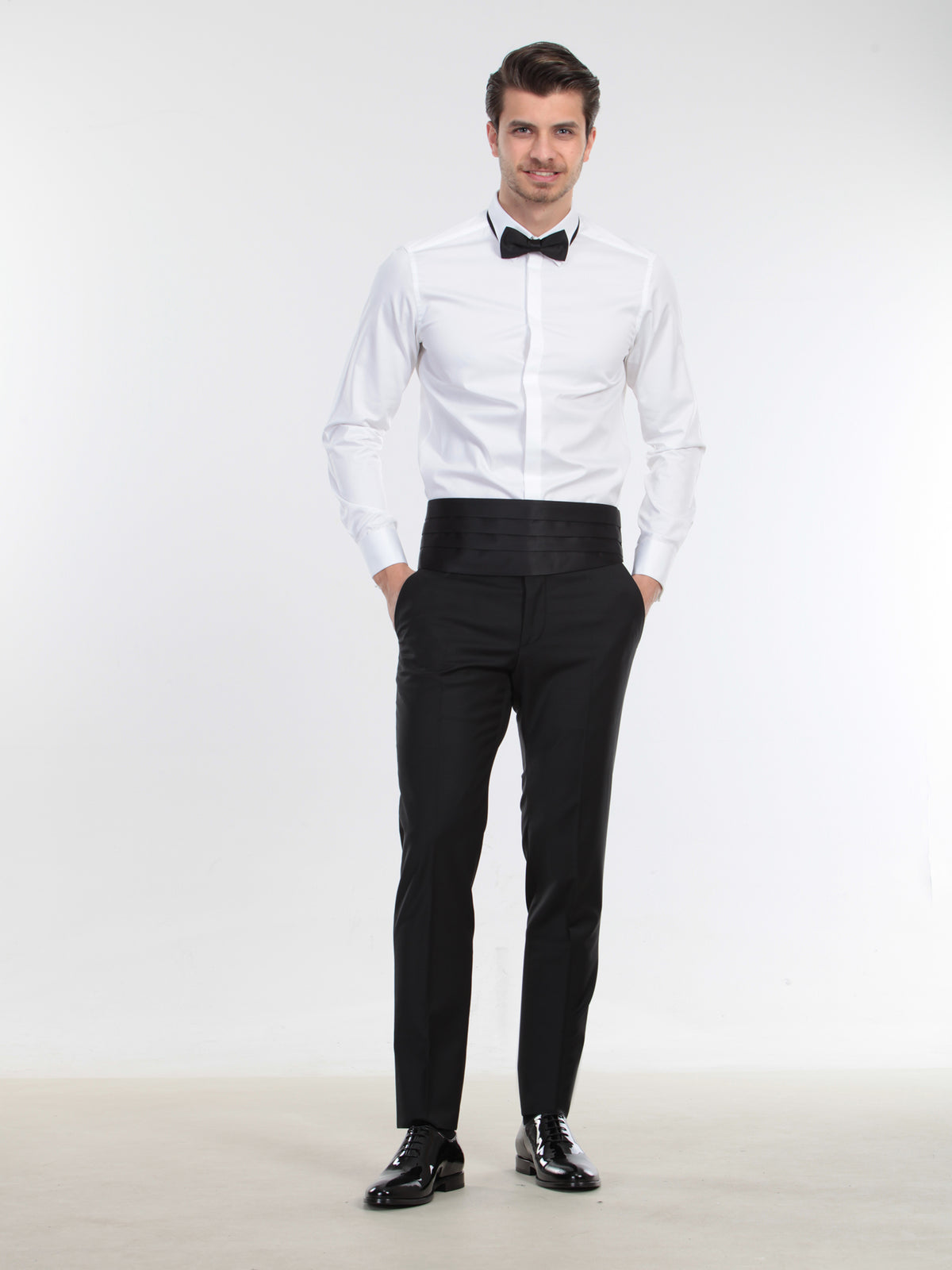 Beyaz Düz Slim Fit Duble Manşet Klasik Yaka Smokin Gömlek