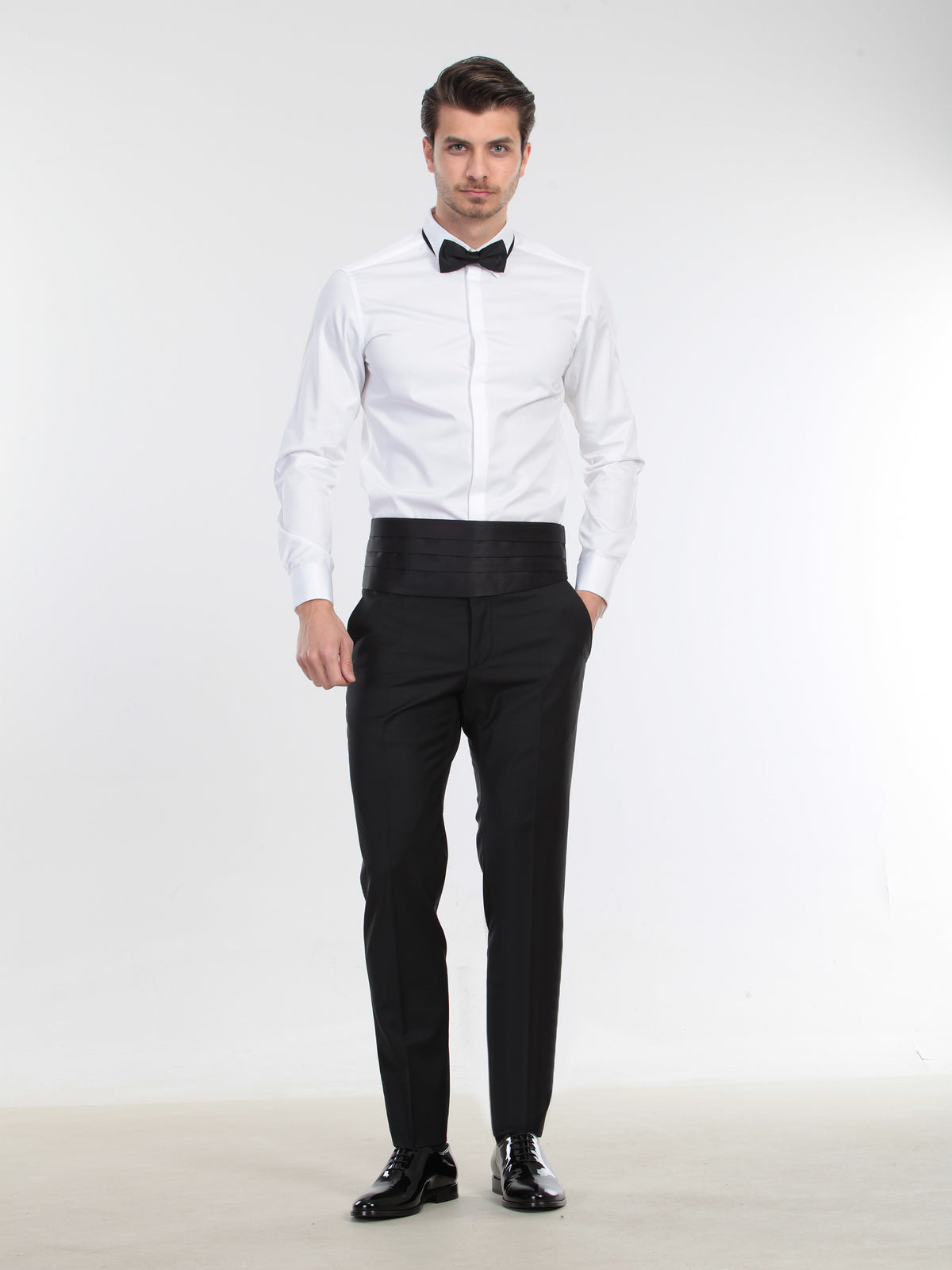 Beyaz Düz Slim Fit Duble Manşet Klasik Yaka Smokin Gömlek