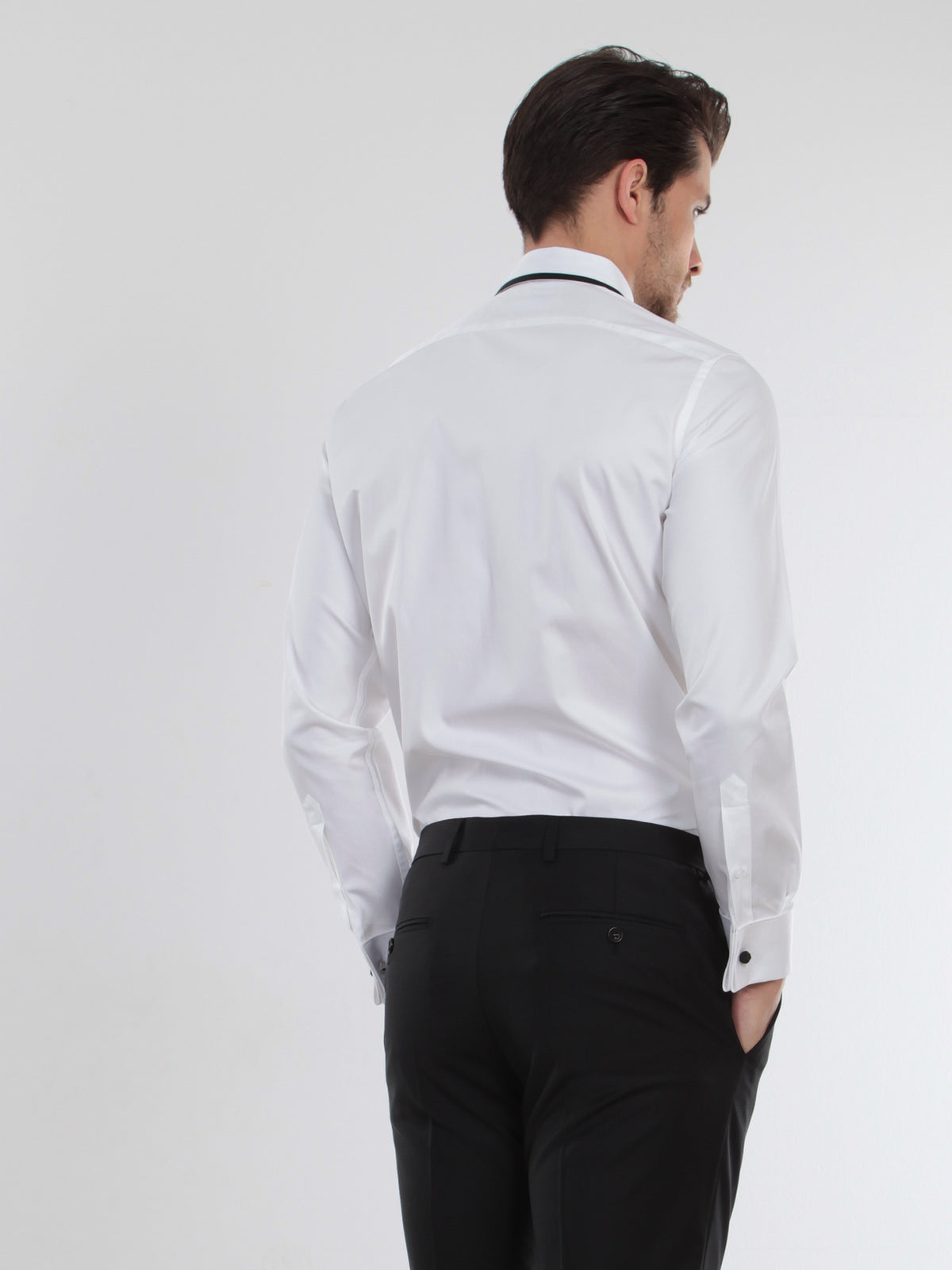 Beyaz Düz Slim Fit Duble Manşet Klasik Yaka Smokin Gömlek
