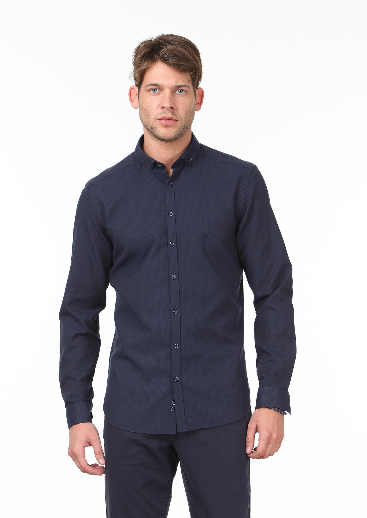 Lacivert Desenli Slim Fit Uzun Dokuma Casual Pamuk Karışımlı Gömlek