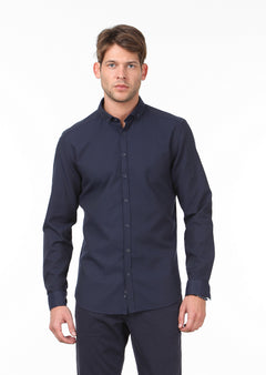 Lacivert Desenli Slim Fit Uzun Dokuma Casual Pamuk Karışımlı Gömlek