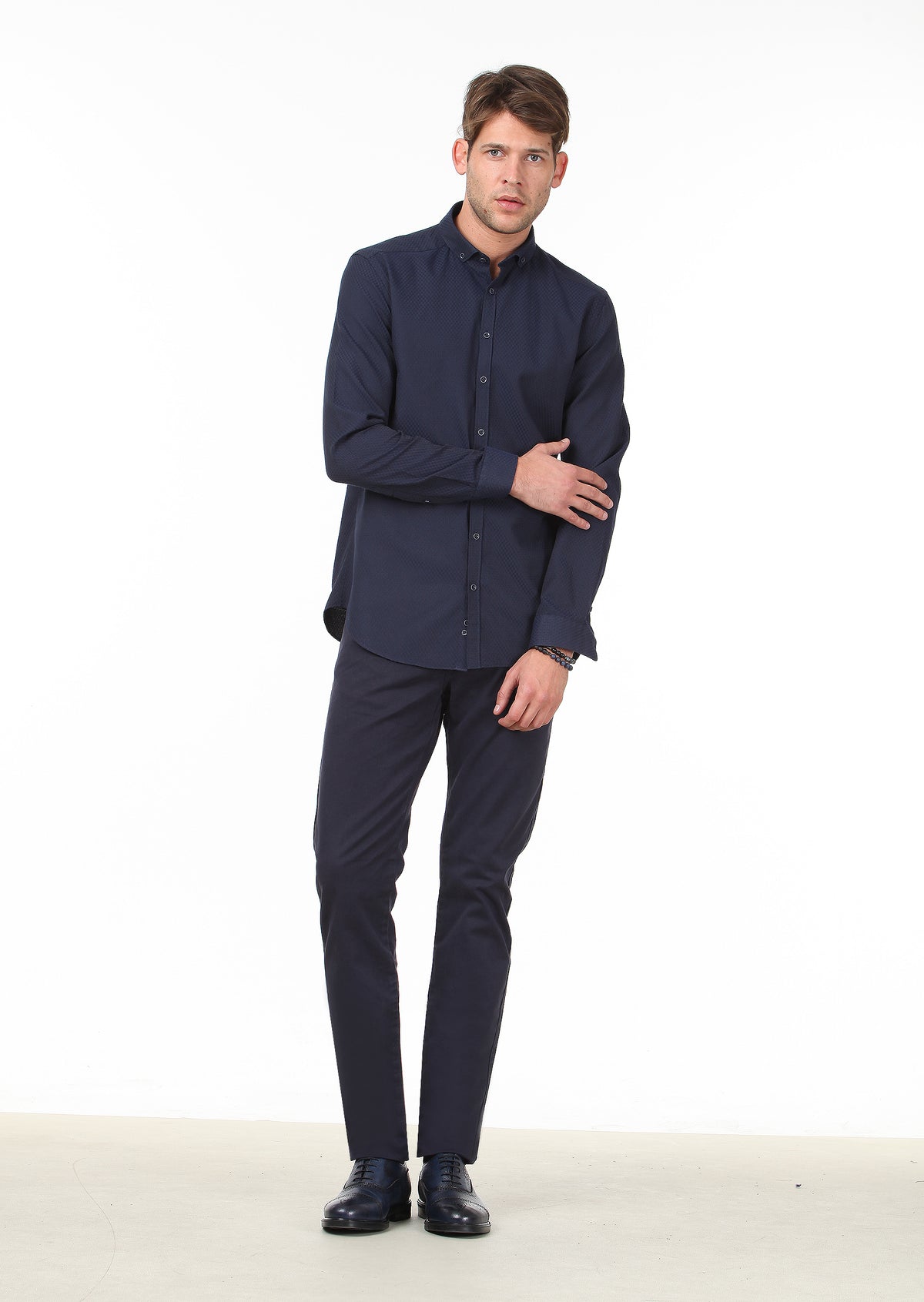 Lacivert Desenli Slim Fit Uzun Dokuma Casual Pamuk Karışımlı Gömlek