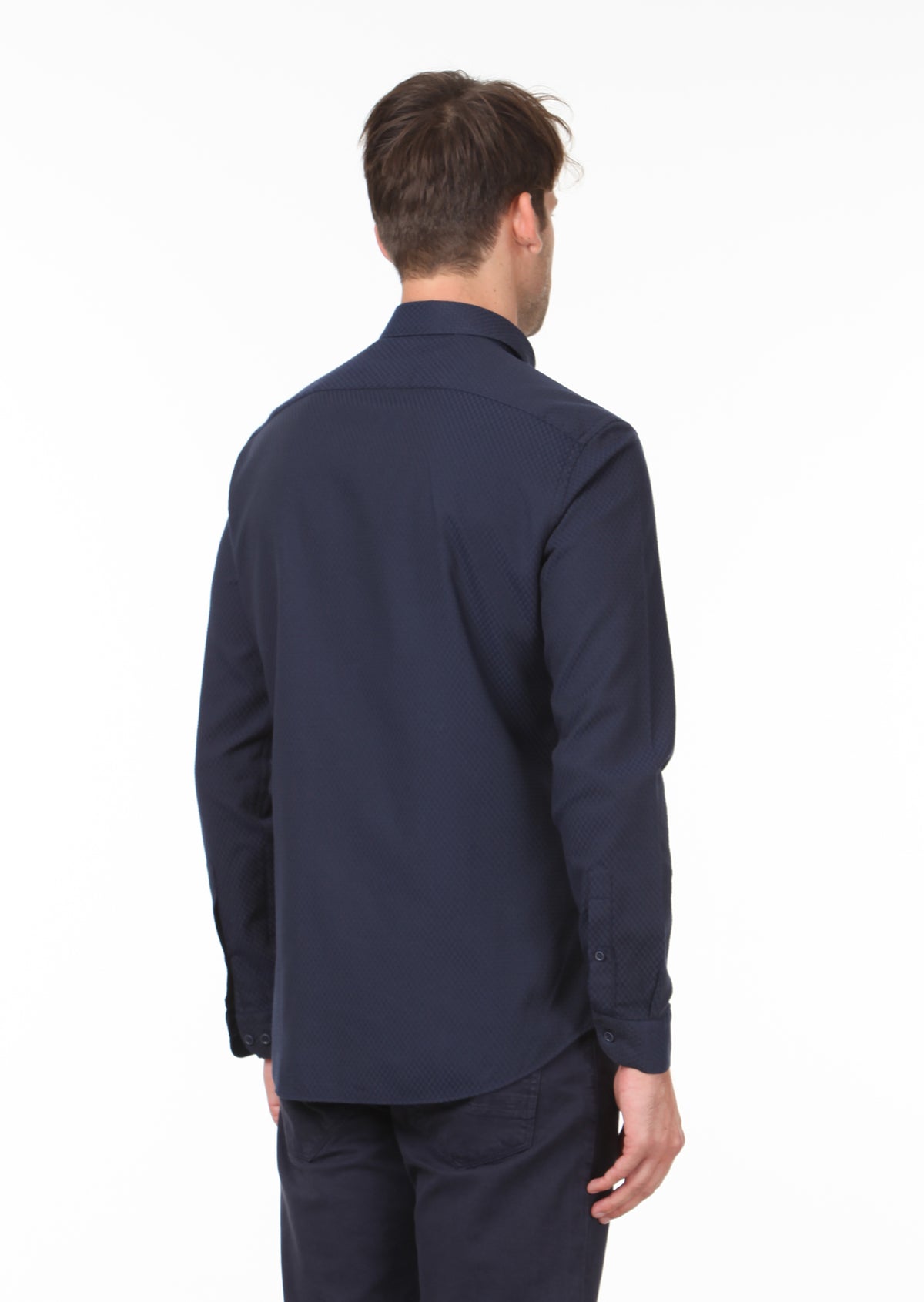 Lacivert Desenli Slim Fit Uzun Dokuma Casual Pamuk Karışımlı Gömlek