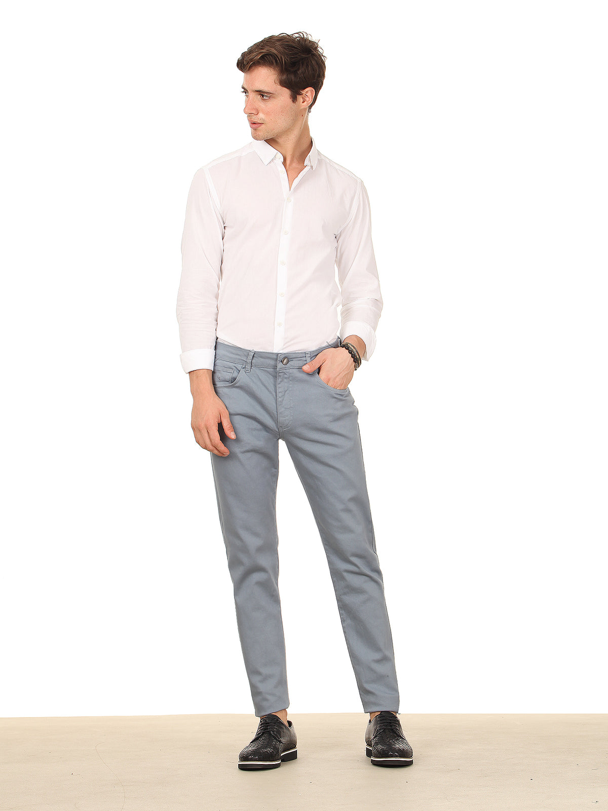 Havacı Mavi Düz Dokuma Regular Fit Casual Pamuk Karışımlı Pantolon
