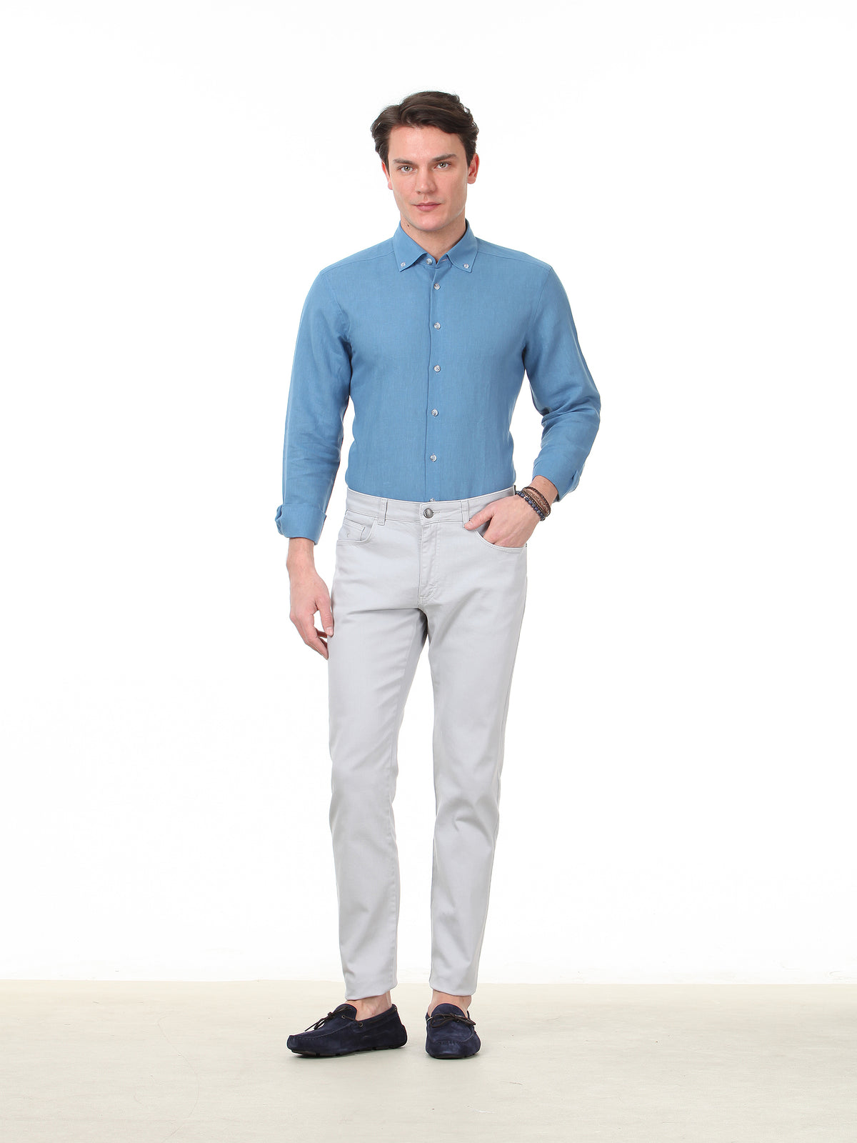 Gri Düz Dokuma Regular Fit Casual Pamuk Karışımlı Pantolon