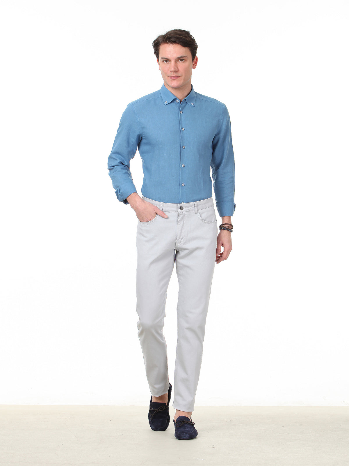 Gri Düz Dokuma Regular Fit Casual Pamuk Karışımlı Pantolon