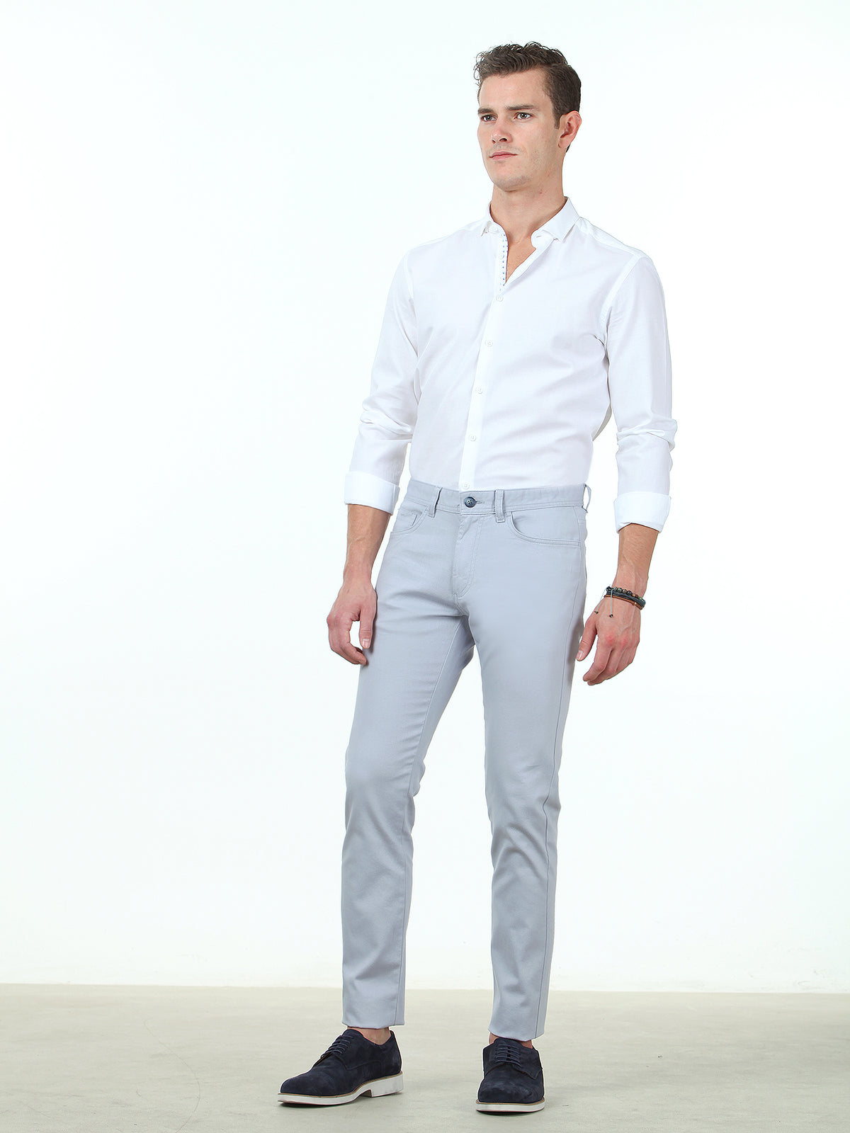 Açık Mavi Düz Dokuma Slim Fit Casual Pamuk Karışımlı Pantolon
