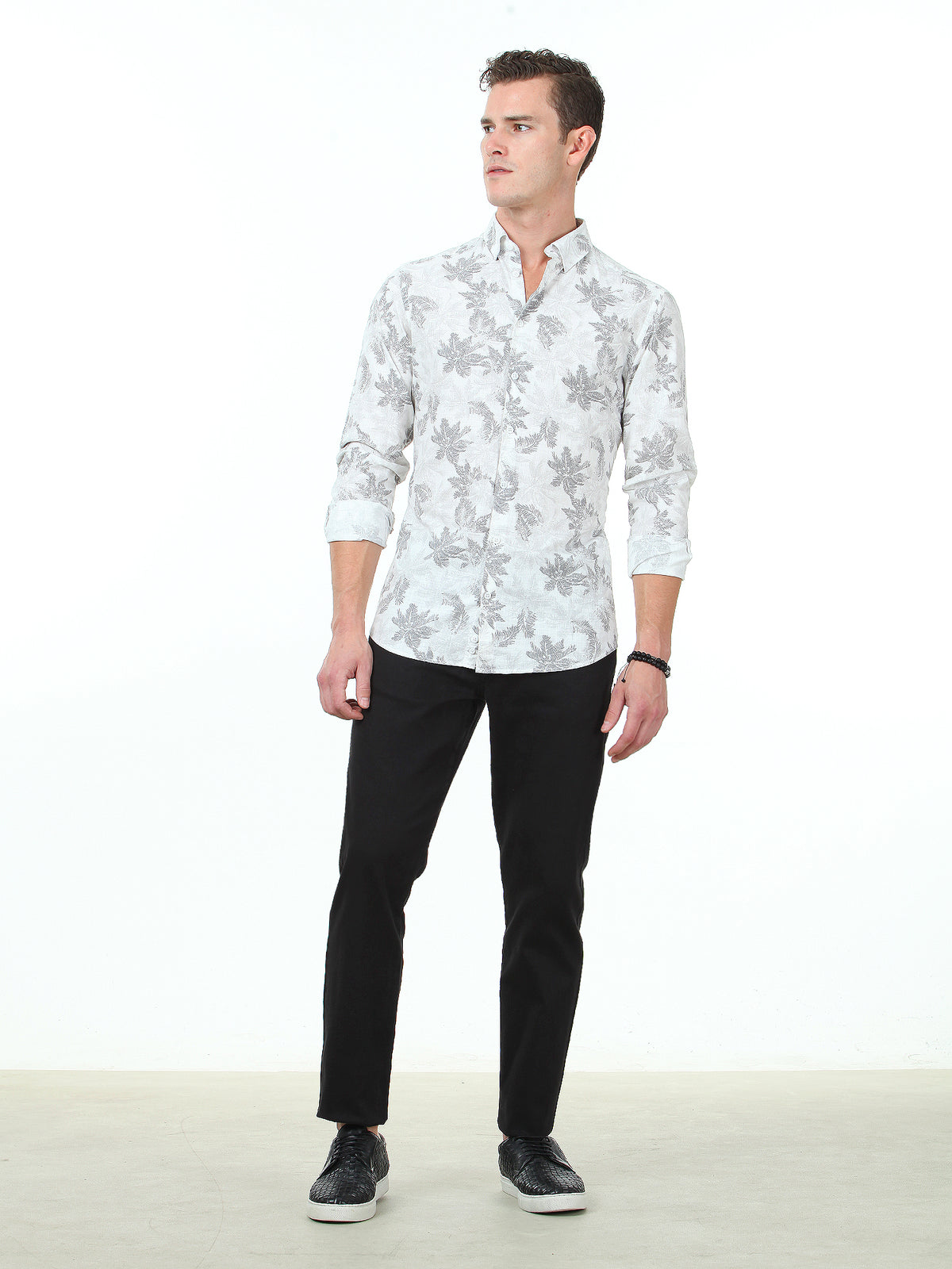 Açık Mavi Baskılı Slim Fit Uzun Dokuma Casual %100 Pamuk Gömlek