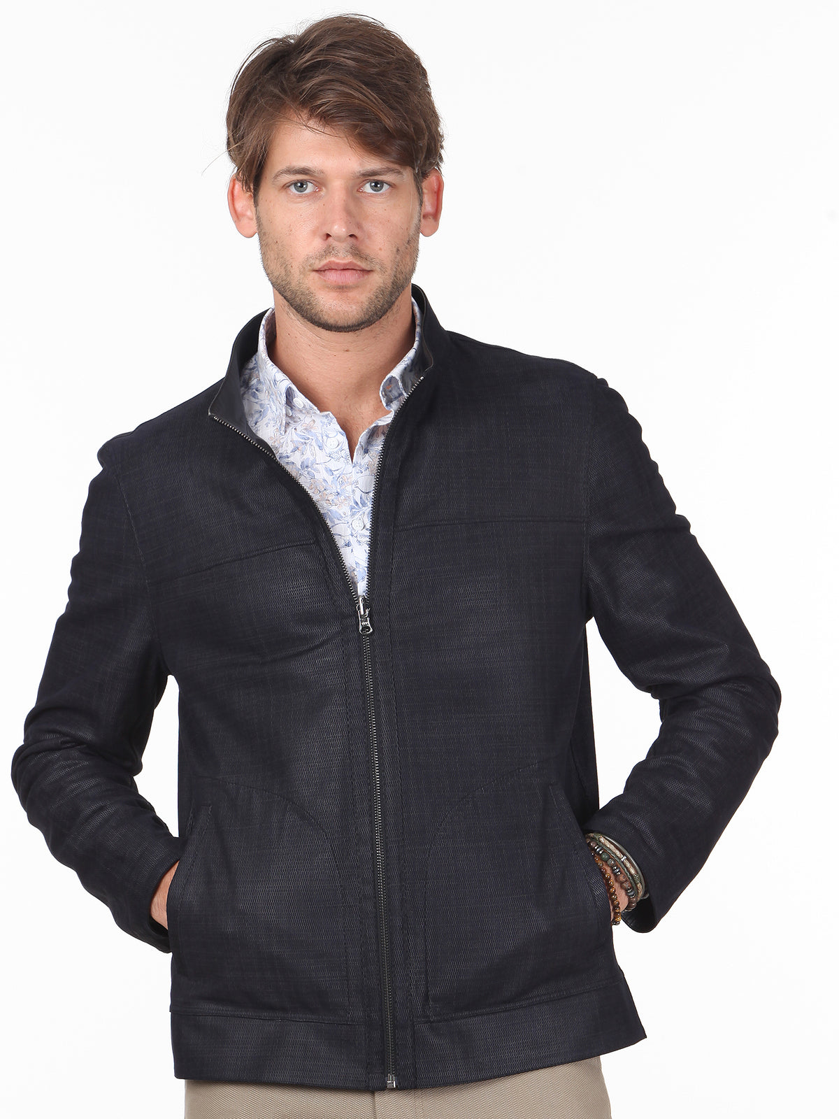 Siyah Slim Fit Dik Yaka Klasik Deri Deri Mont