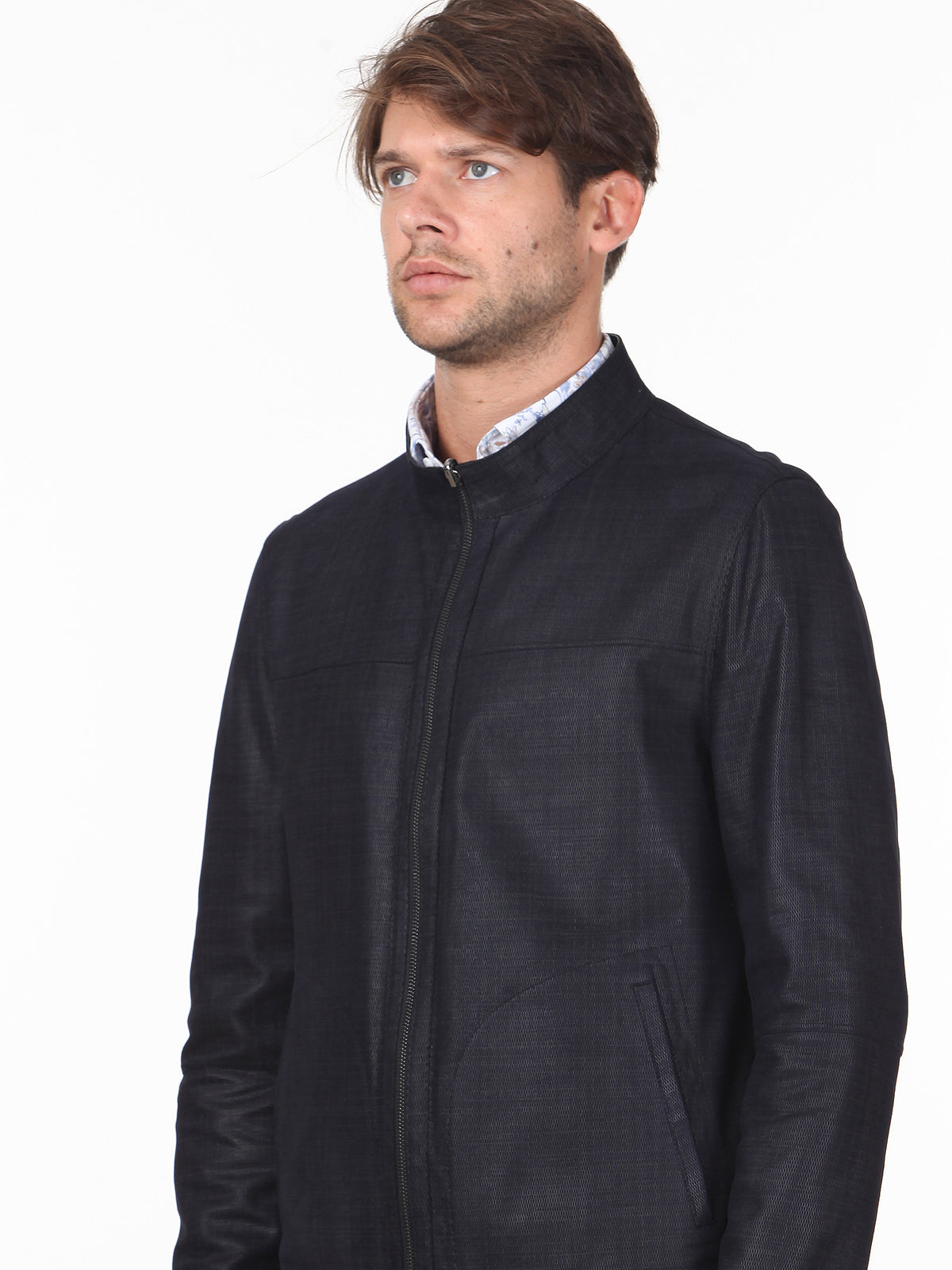 Siyah Slim Fit Dik Yaka Klasik Deri Deri Mont