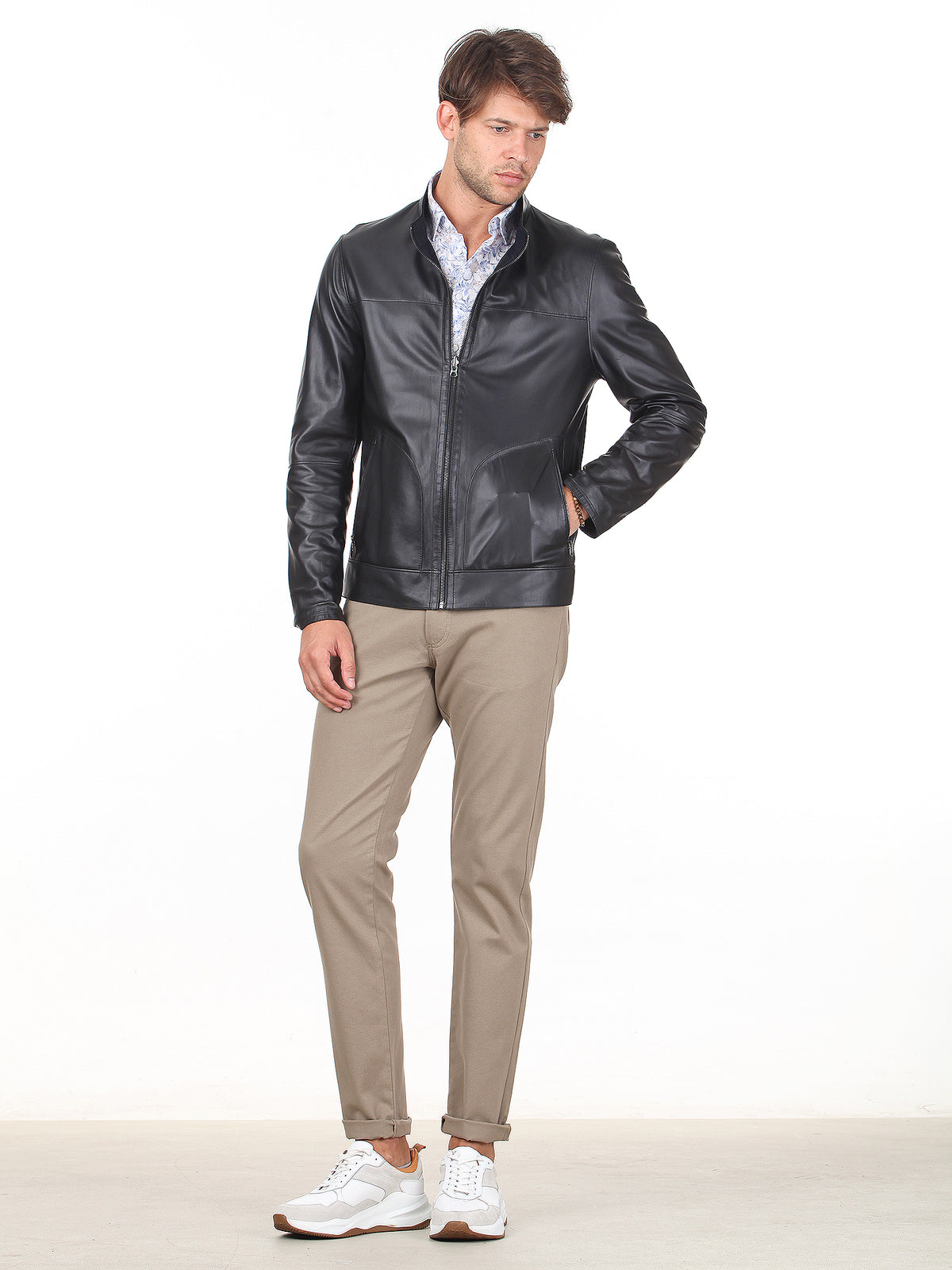 Siyah Slim Fit Dik Yaka Klasik Deri Deri Mont