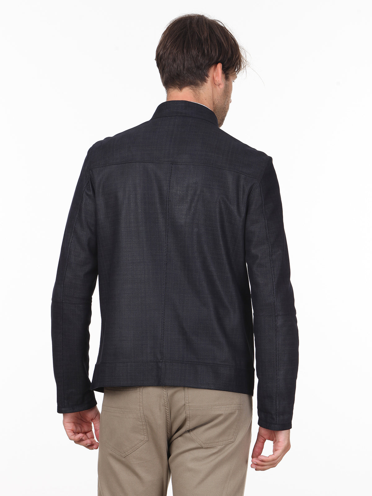 Siyah Slim Fit Dik Yaka Klasik Deri Deri Mont