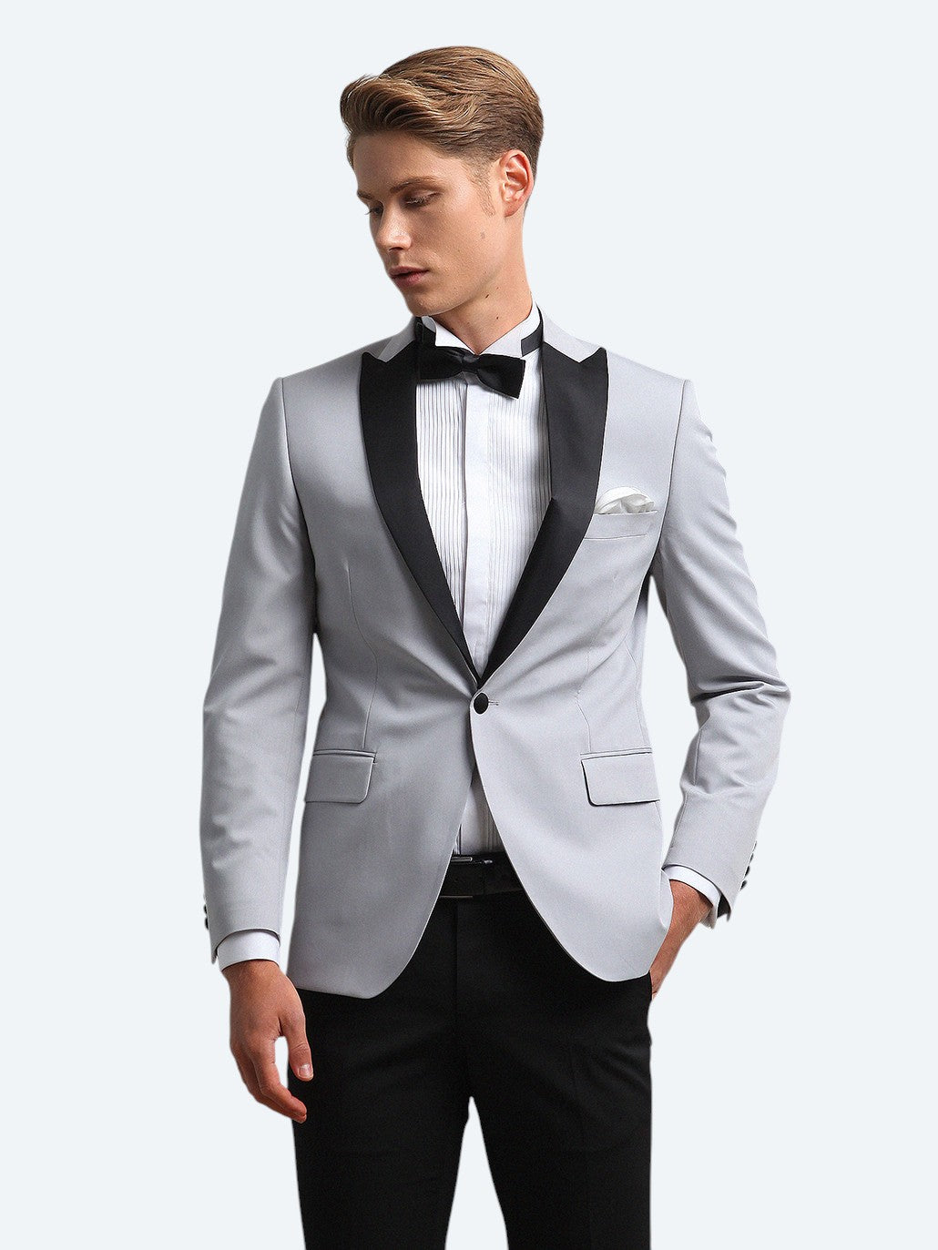 Açık Gri Slim Fit Kelebek Yaka Dokuma Smokin Takım Elbise
