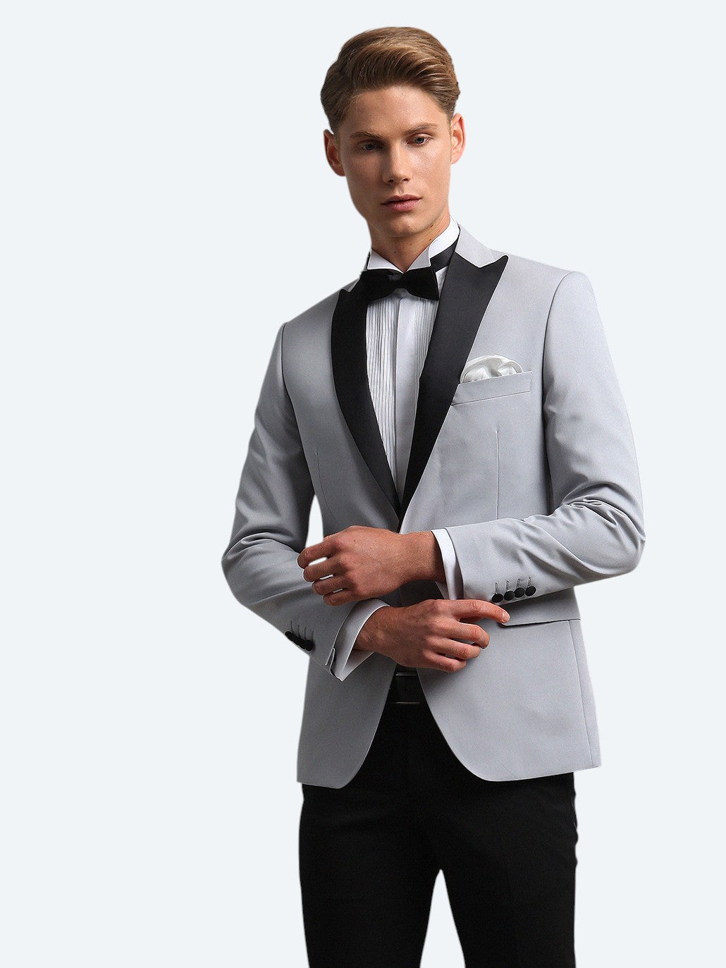 Açık Gri Slim Fit Kelebek Yaka Dokuma Smokin Takım Elbise