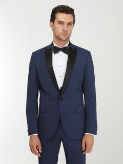 Saks Düz Slim Fit Demonte Yaka Dokuma Yelekli Smokin Takım Elbise