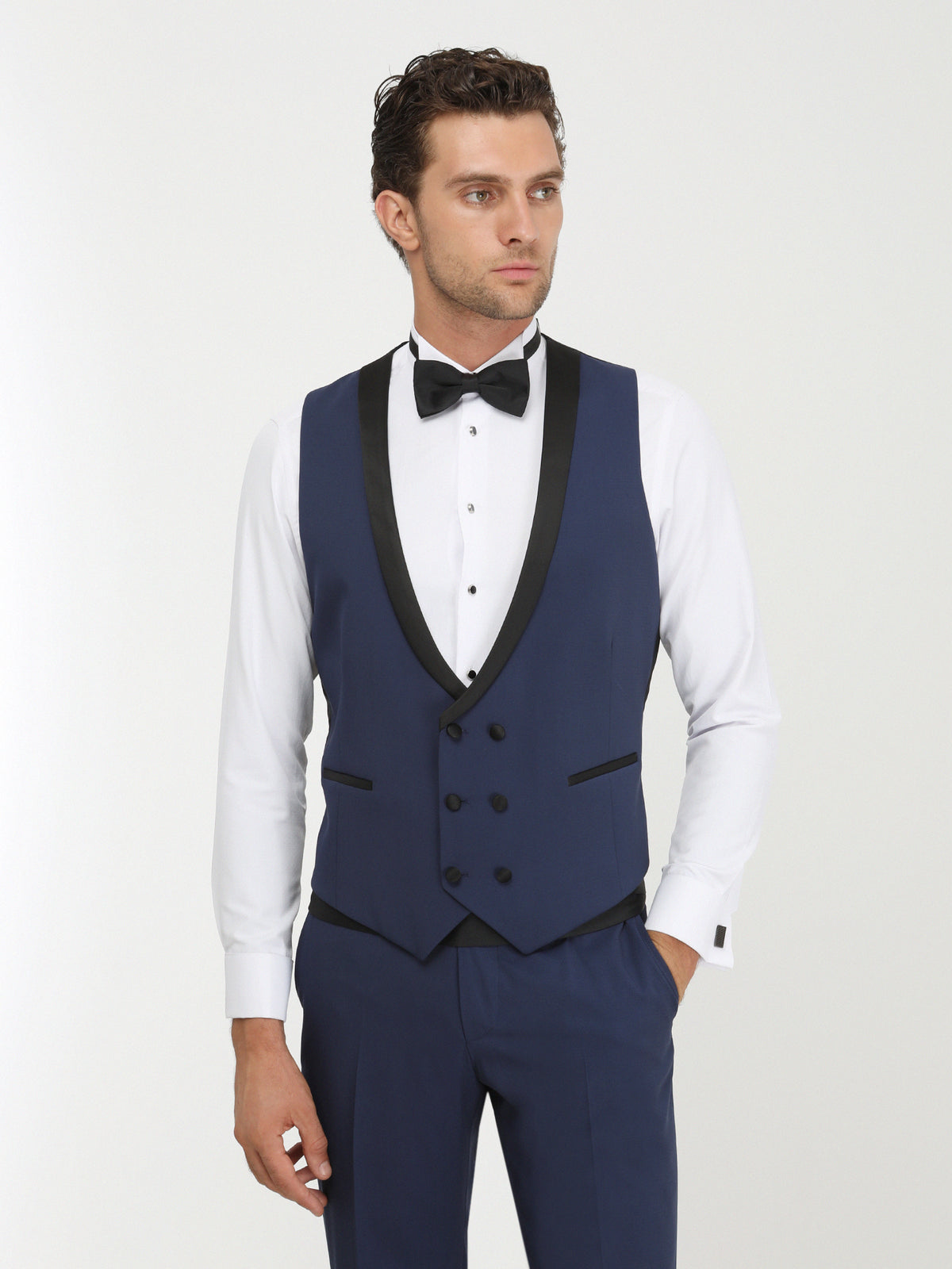 Saks Düz Slim Fit Demonte Yaka Dokuma Yelekli Smokin Takım Elbise