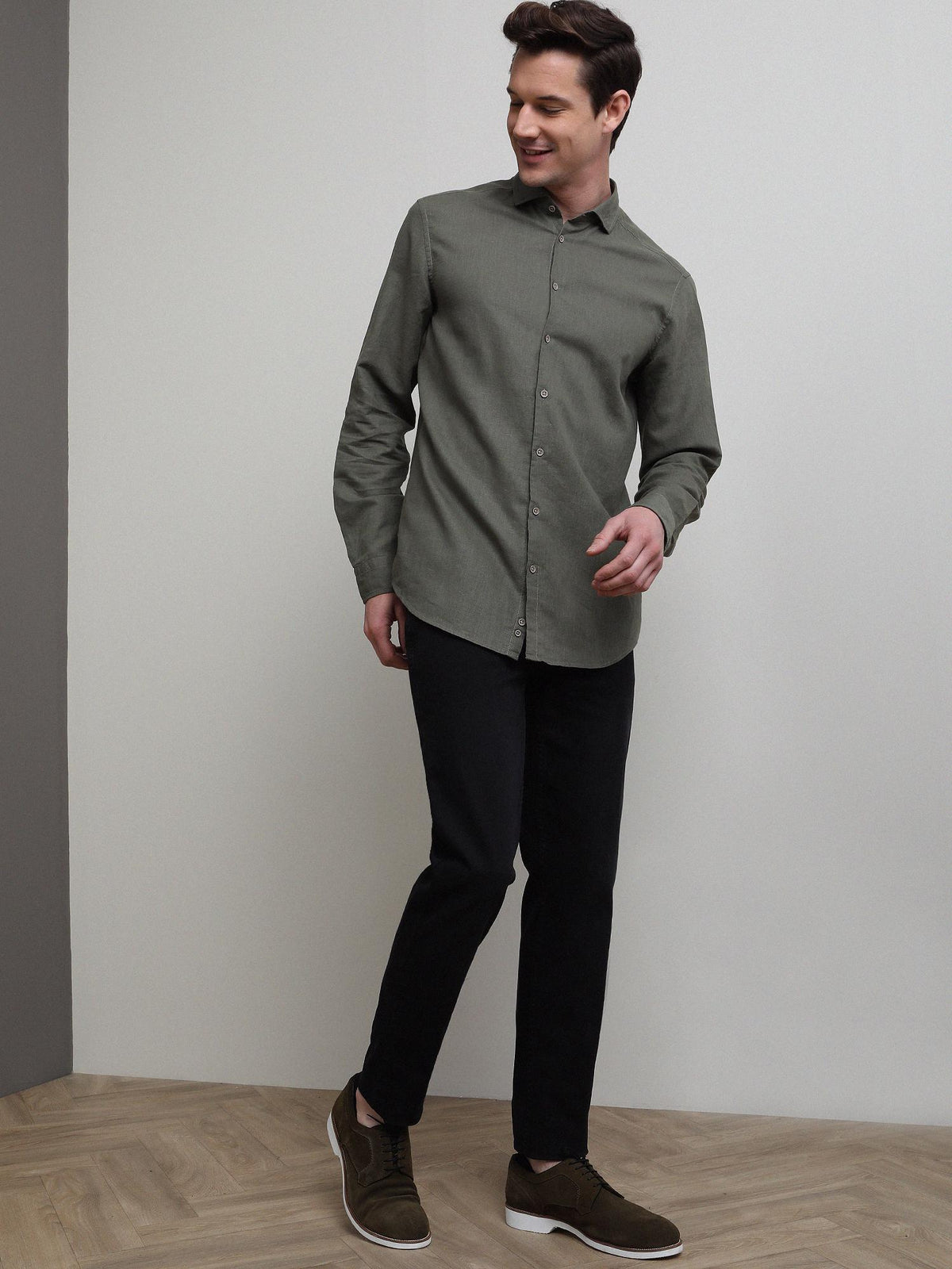 Açık Haki Düz Regular Fit Uzun Dokuma Casual Pamuk Karışımlı Gömlek
