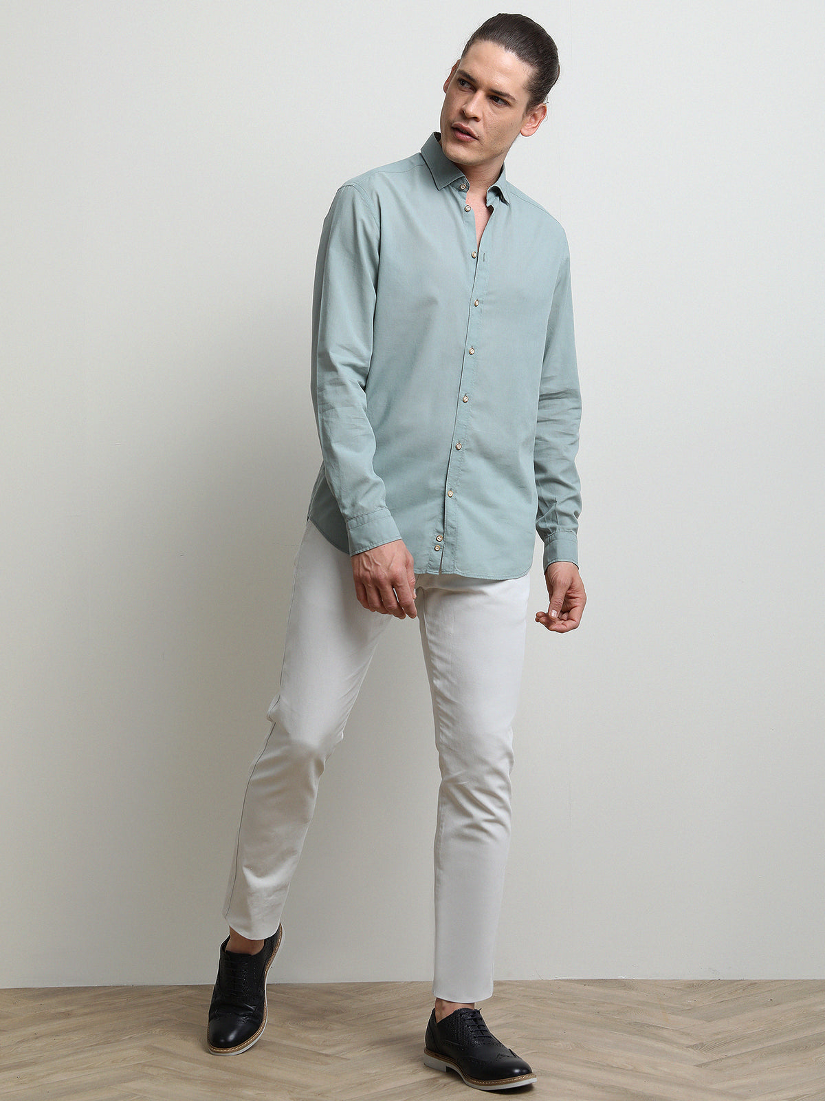 Mint Düz Regular Fit Uzun Dokuma Casual %100 Pamuk Gömlek
