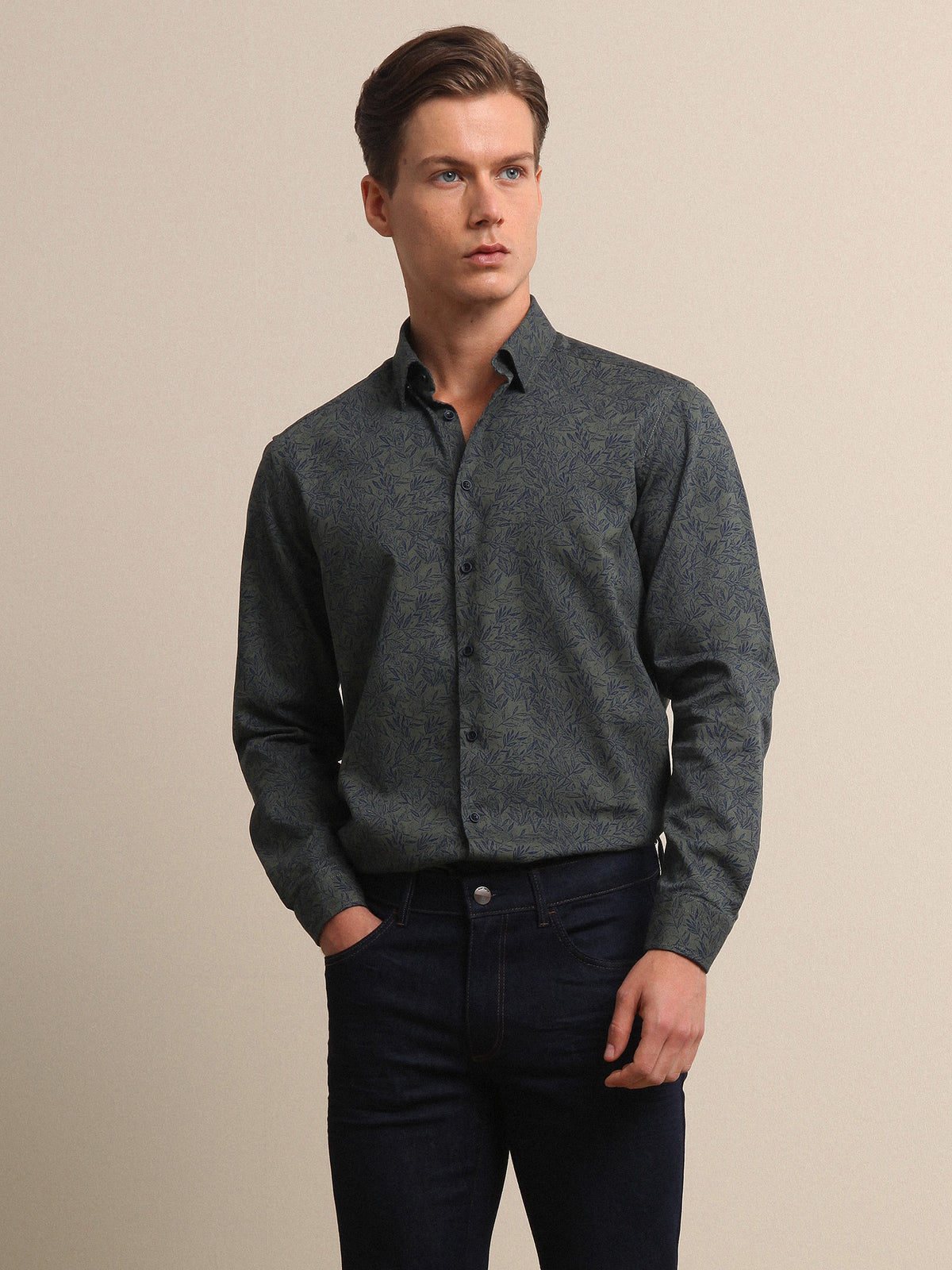 Bej Baskılı Regular Fit Uzun Dokuma Casual %100 Pamuk Gömlek