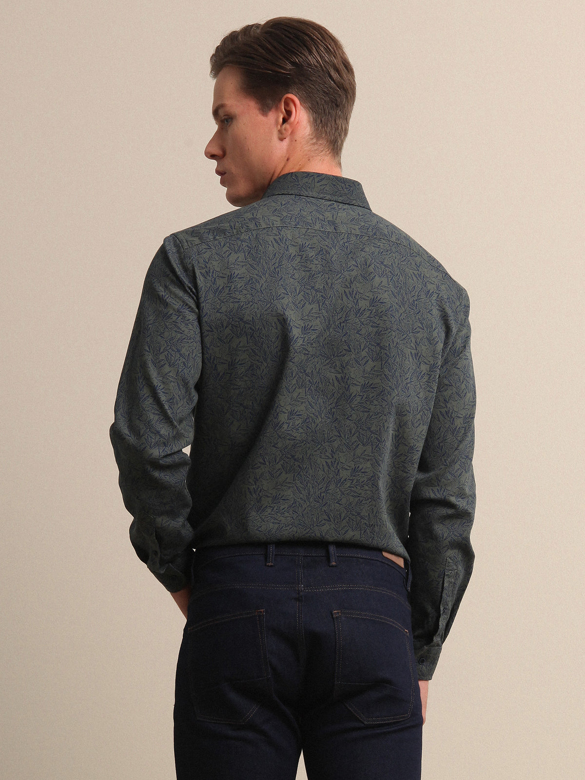 Bej Baskılı Regular Fit Uzun Dokuma Casual %100 Pamuk Gömlek