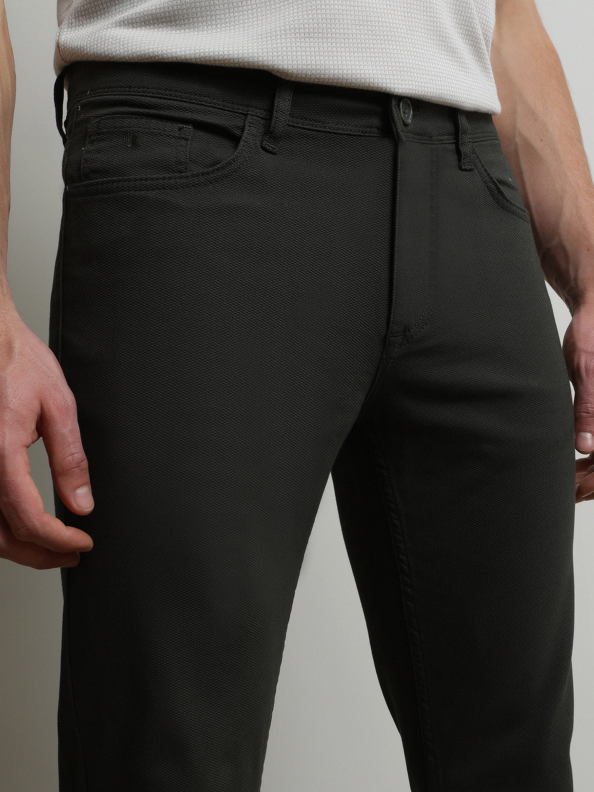 Haki Düz Dokuma Slim Fit Casual Pamuk Karışımlı Pantolon