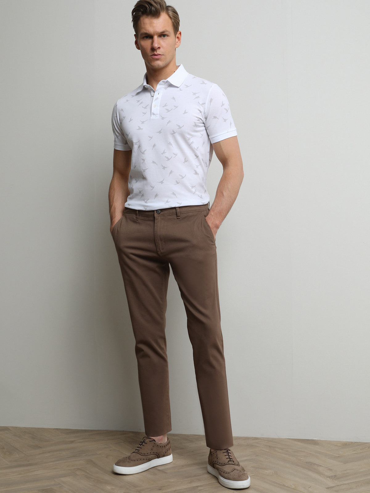 Açık Kahve Düz Dokuma Regular Fit Casual Pamuk Karışımlı Pantolon