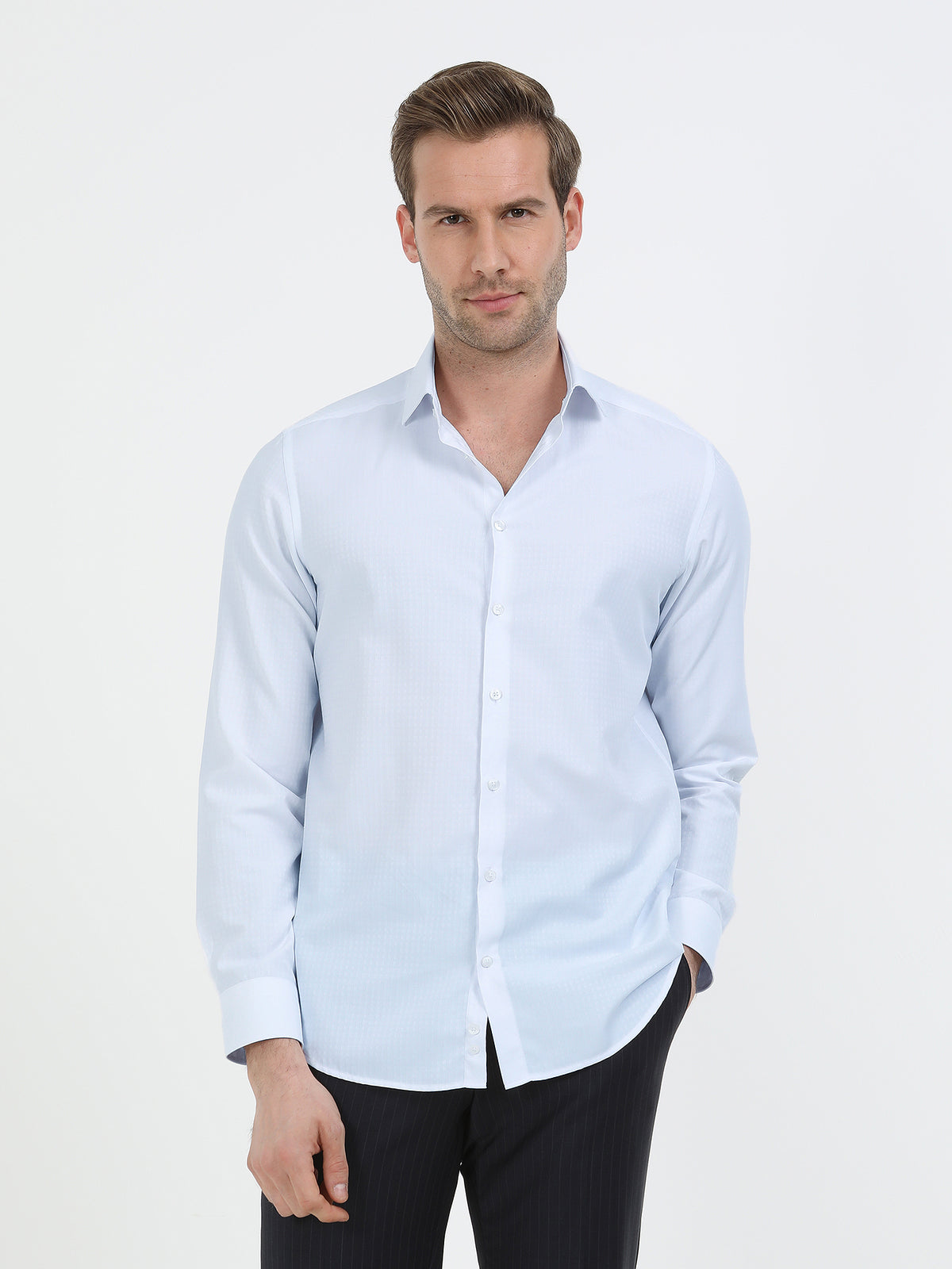 Açık Mavi Mikro Slim Fit Uzun Dokuma Klasik Pamuk Karışımlı Gömlek