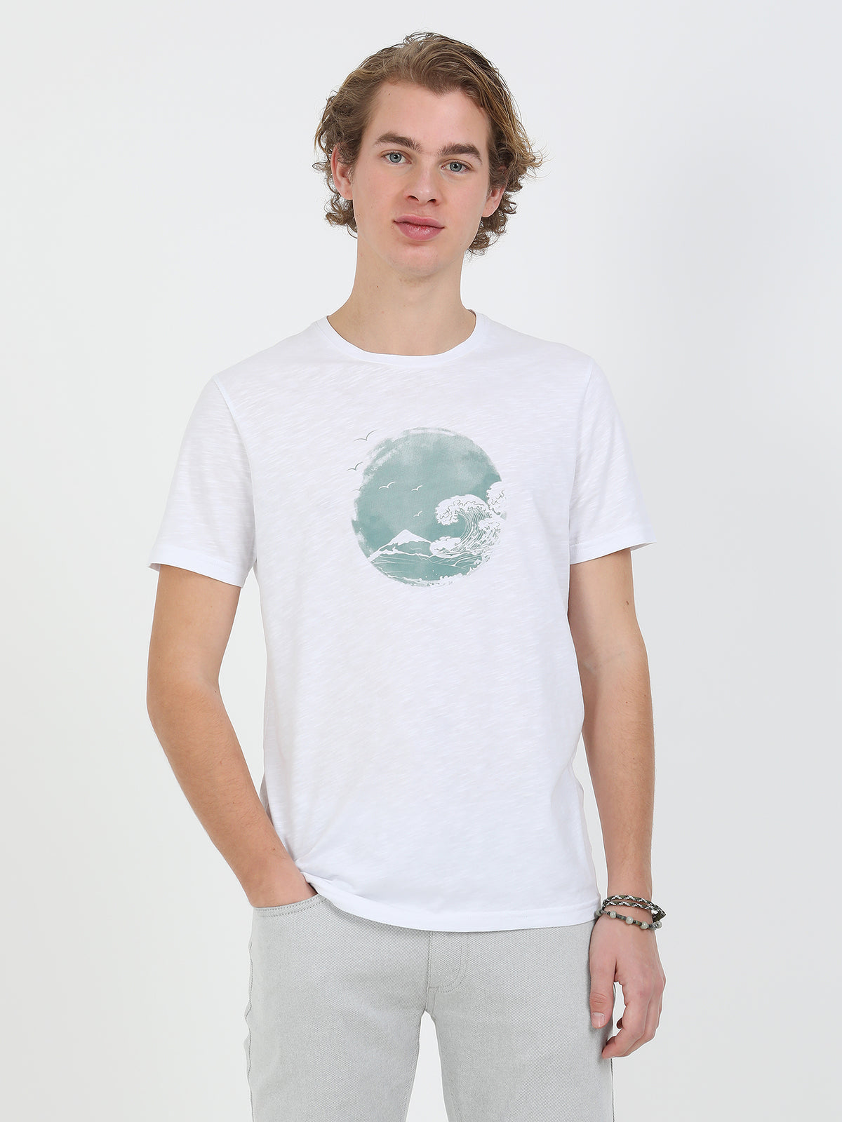 Mint Baskılı Bisiklet Yaka %100 Pamuk T-Shirt