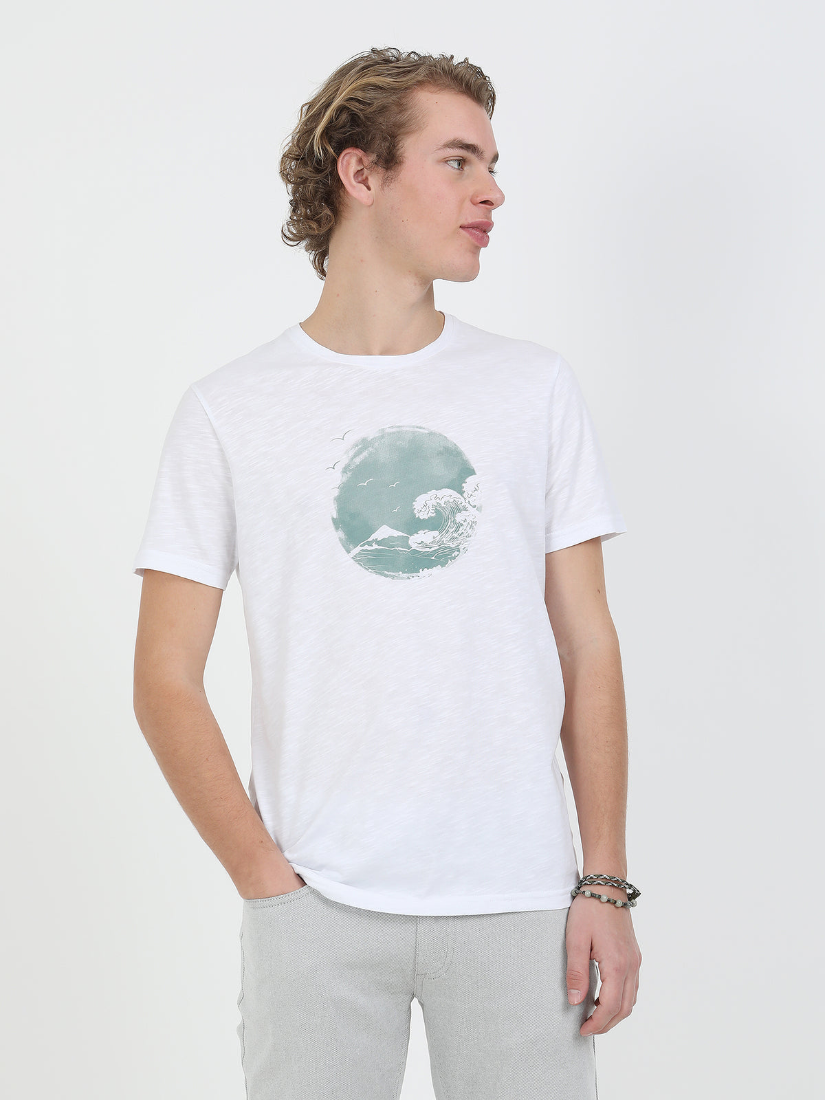 Mint Baskılı Bisiklet Yaka %100 Pamuk T-Shirt