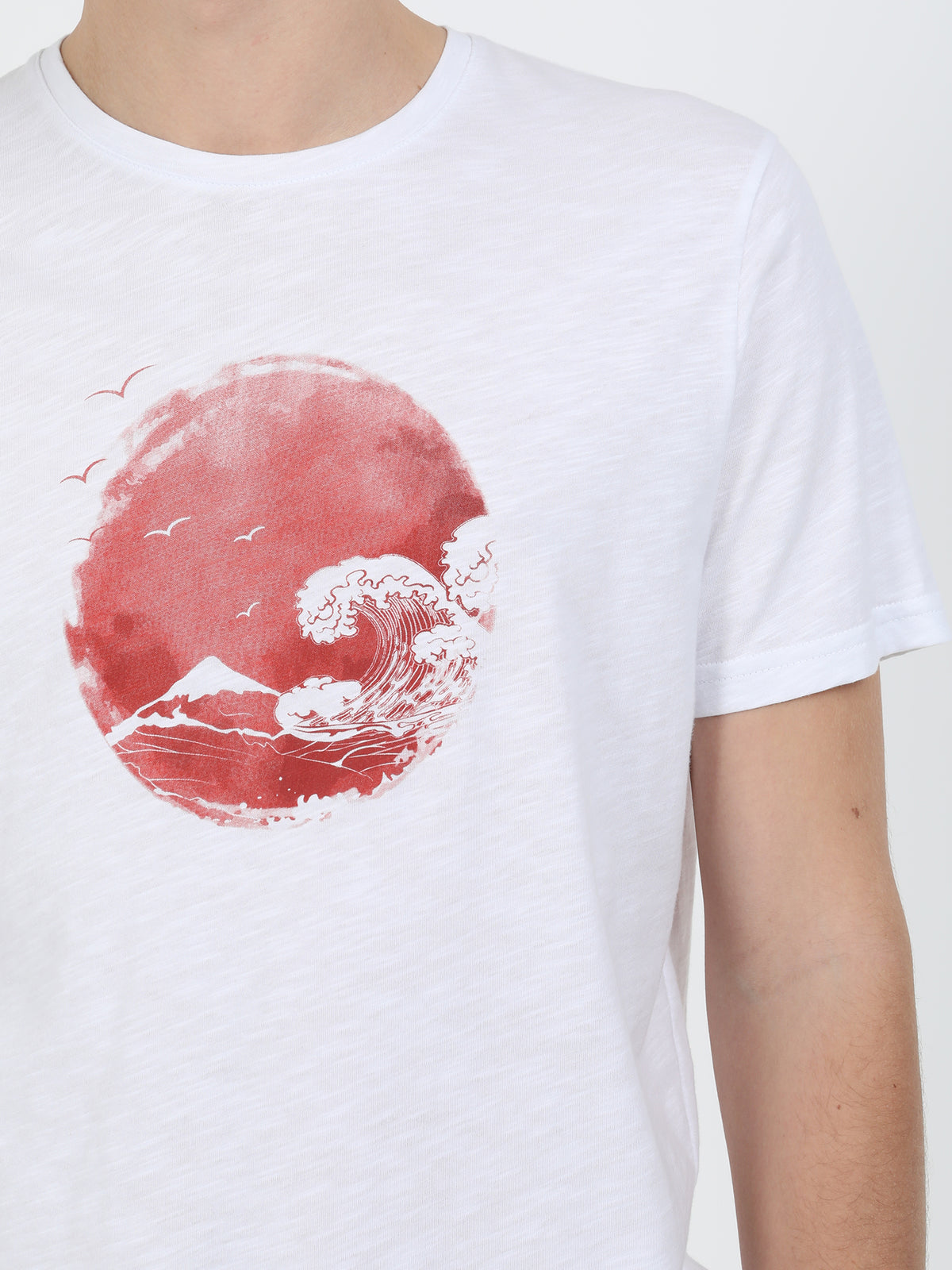 Kırmızı Baskılı Bisiklet Yaka %100 Pamuk T-Shirt