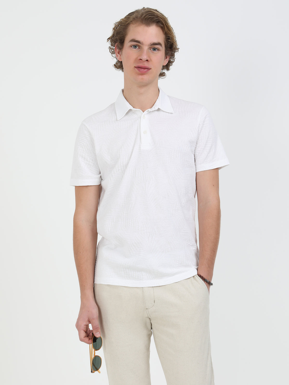 Beyaz Jakarlı Polo Yaka %100 Pamuk T-Shirt