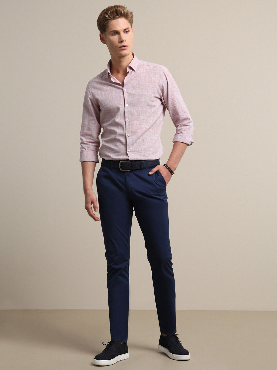 Gece Mavisi Düz Dokuma Regular Fit Casual Pamuk Karışımlı Pantolon