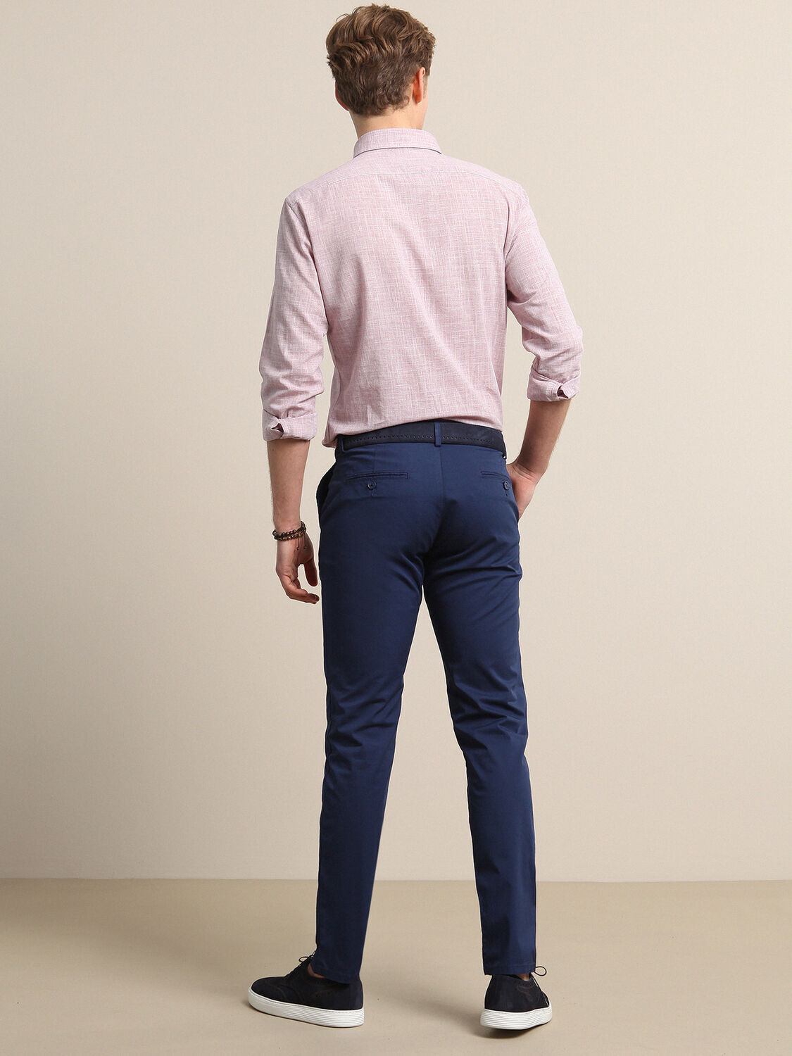 Gece Mavisi Düz Dokuma Regular Fit Casual Pamuk Karışımlı Pantolon