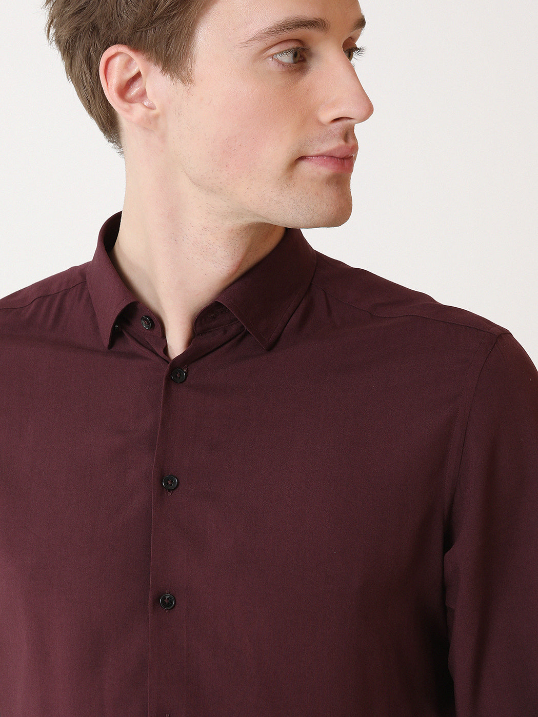 Bordo Düz Slim Fit Uzun Dokuma Casual Gömlek