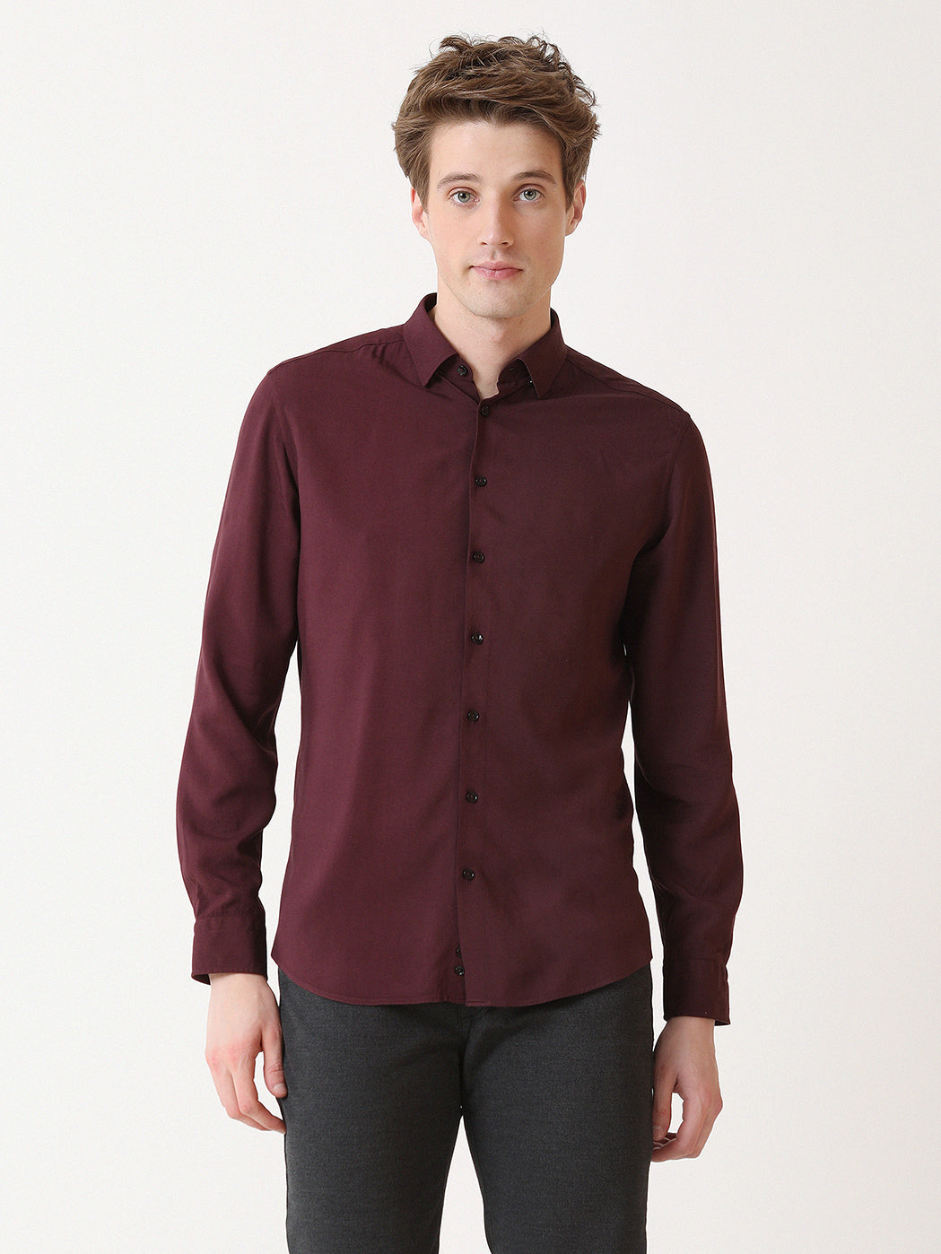 Bordo Düz Slim Fit Uzun Dokuma Casual Gömlek