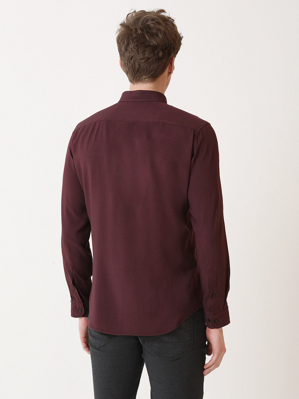 Bordo Düz Slim Fit Uzun Dokuma Casual Gömlek