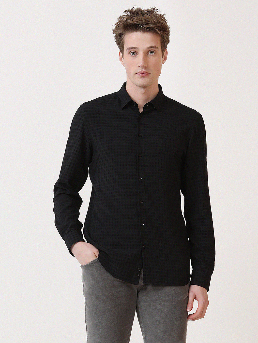 Siyah Kareli Slim Fit Uzun Dokuma Casual Gömlek