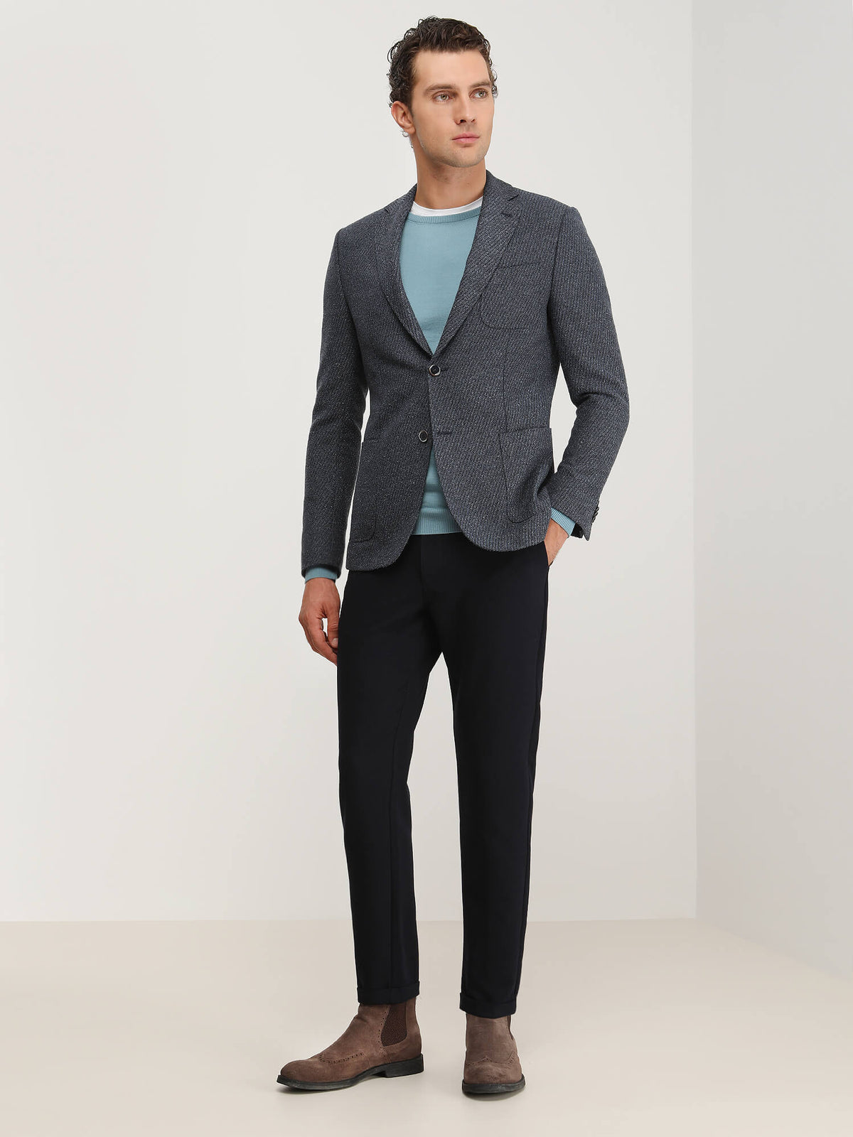 İndigo Desenli Modern Fit Pamuk Karışımlı Ceket