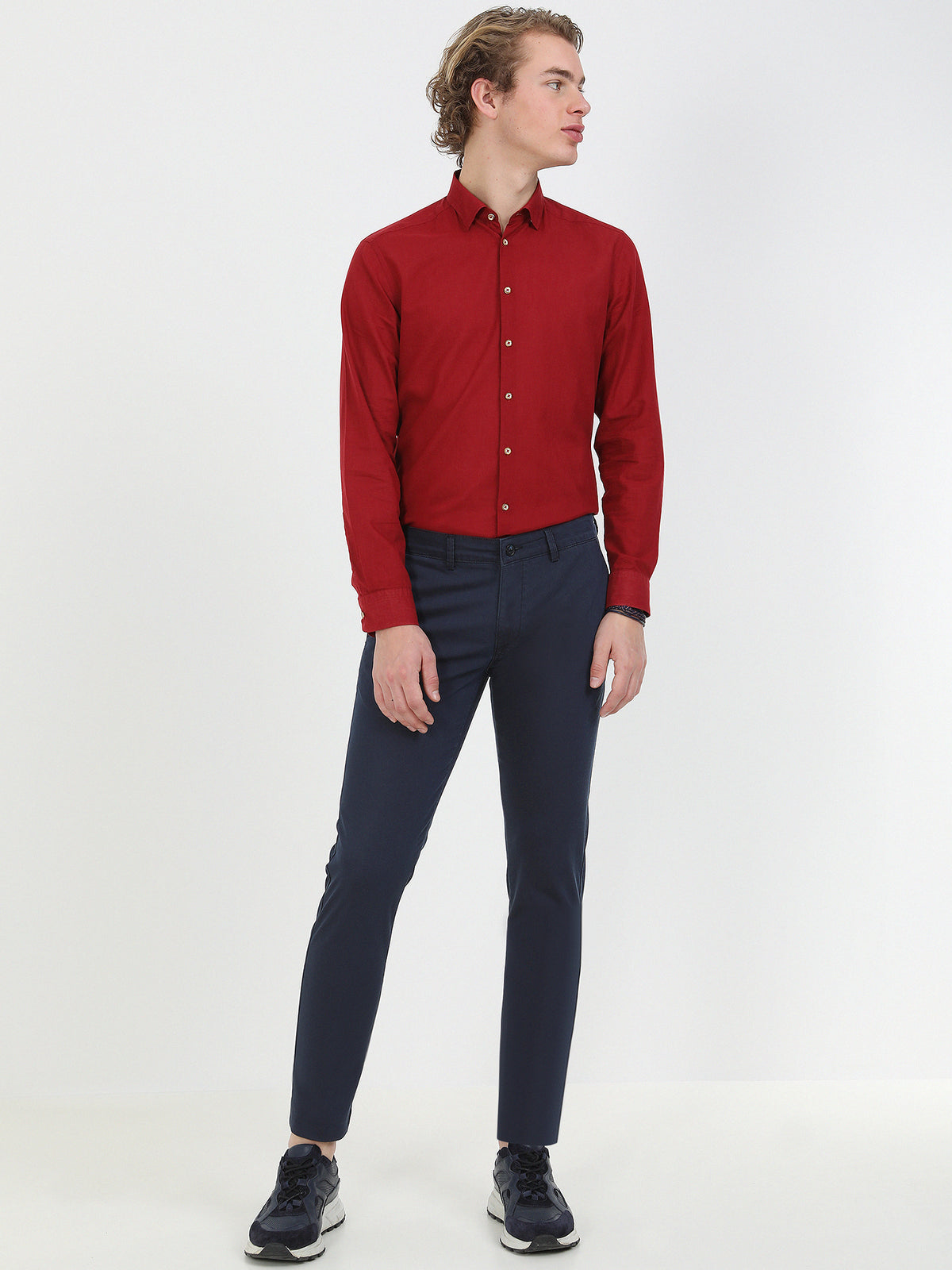 Lacivert Dokuma Slim Fit Casual Pamuk Karışımlı Pantolon