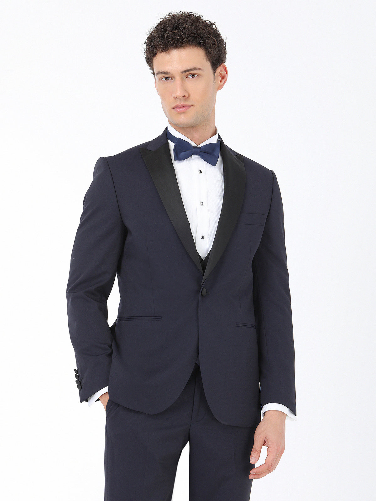 Lacivert Düz Slim Fit Demonte Yaka Dokuma Yelekli Smokin Takım Elbise