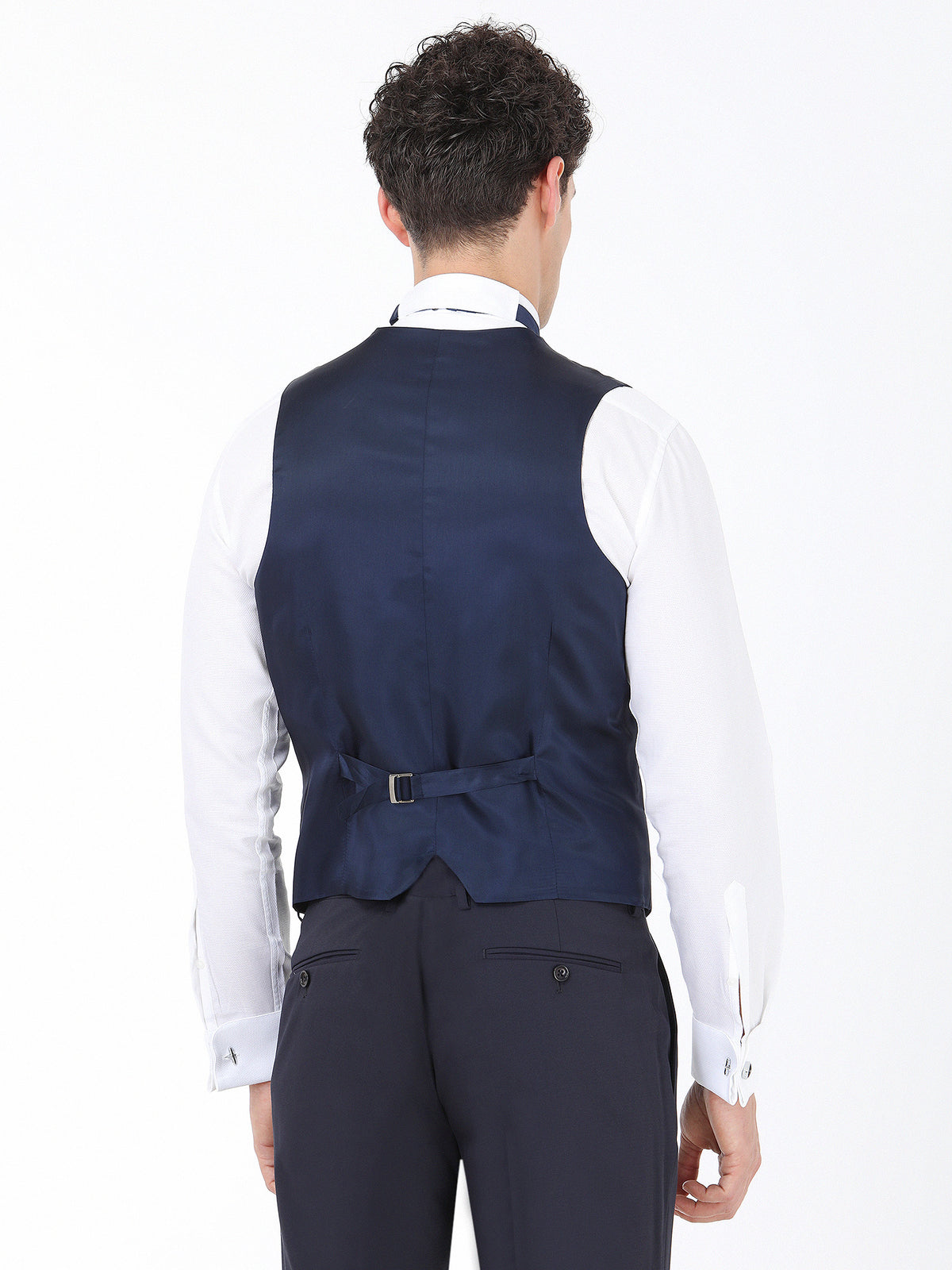 Lacivert Düz Slim Fit Demonte Yaka Dokuma Yelekli Smokin Takım Elbise