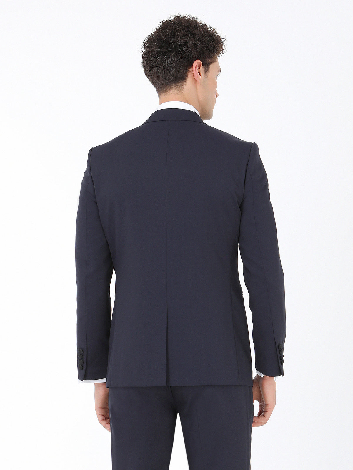 Lacivert Düz Slim Fit Demonte Yaka Dokuma Yelekli Smokin Takım Elbise