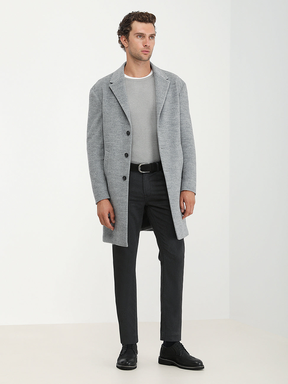 Gri Loose Fit Kelebek Yaka Klasik Örme Palto