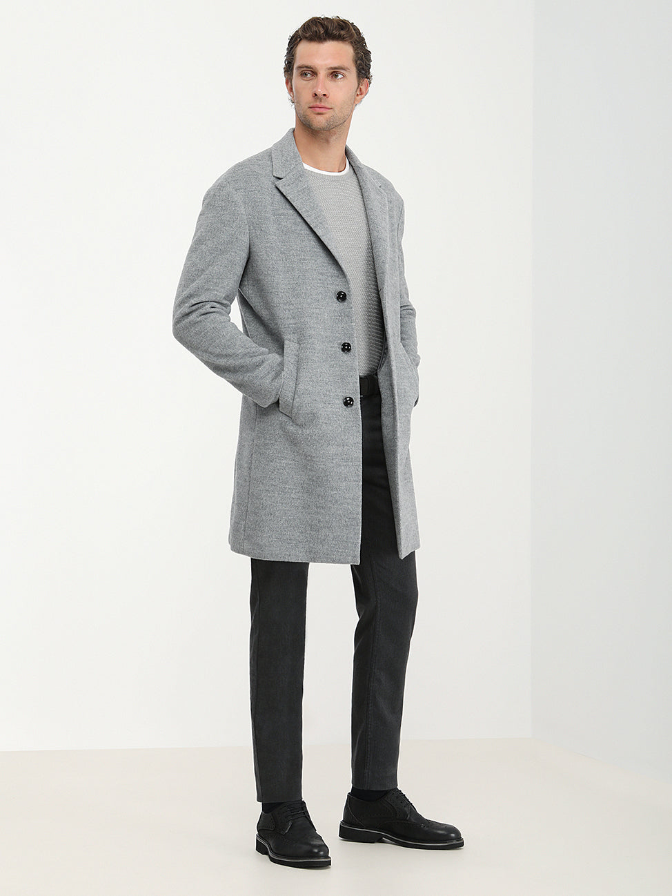 Gri Loose Fit Kelebek Yaka Klasik Örme Palto