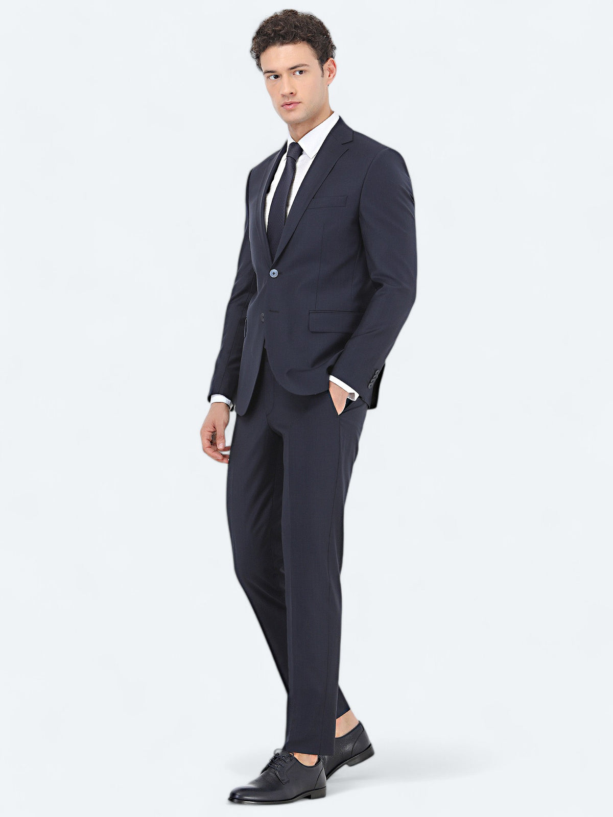 Lacivert Desenli Modern Fit Yün Karışımlı Takım Elbise