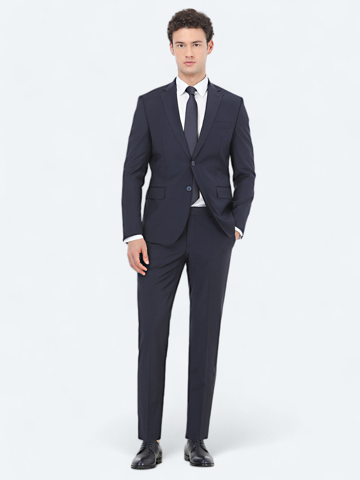Lacivert Desenli Modern Fit Yün Karışımlı Takım Elbise