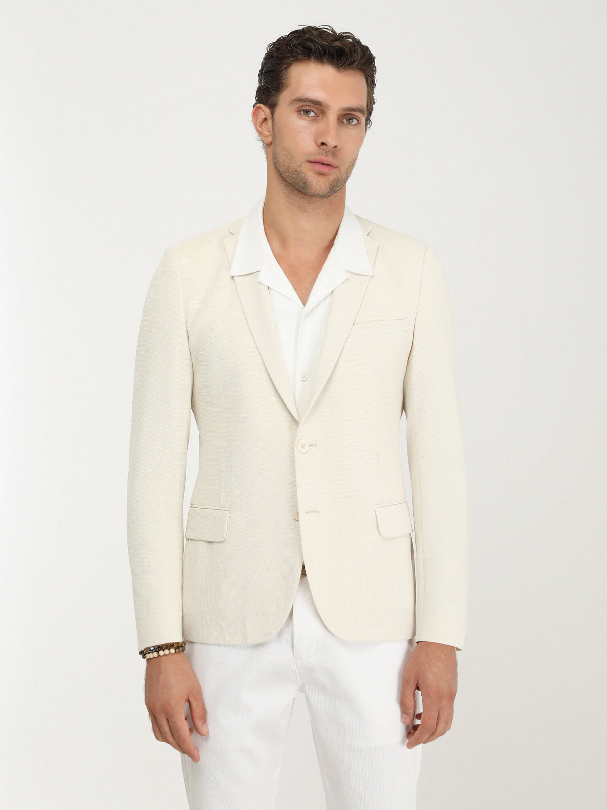 Ekru Düz Slim Fit Örme Ceket