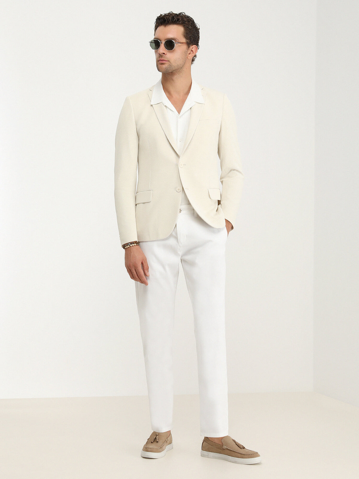 Ekru Düz Slim Fit Örme Ceket
